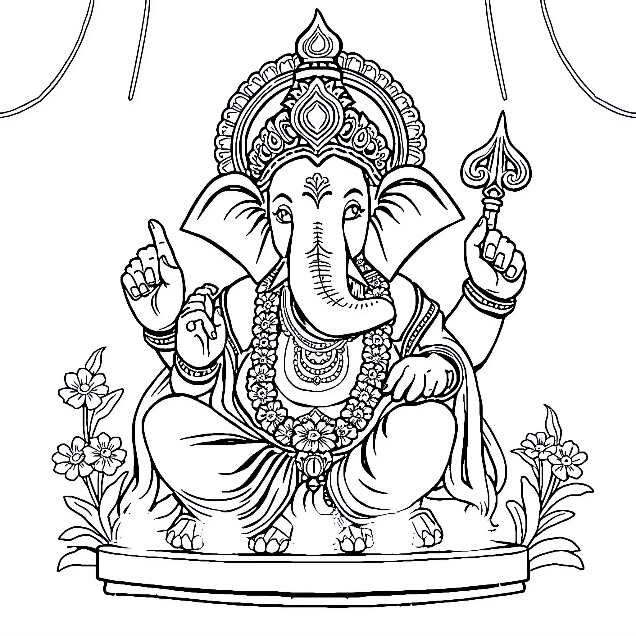 Ganpati Seated in Elegant Pose with Symbolic Accessories Coloring Page (free black-and-white line drawing printable PDF for all, from beginners to advanced learners, including children, teens, adults, and seniors)