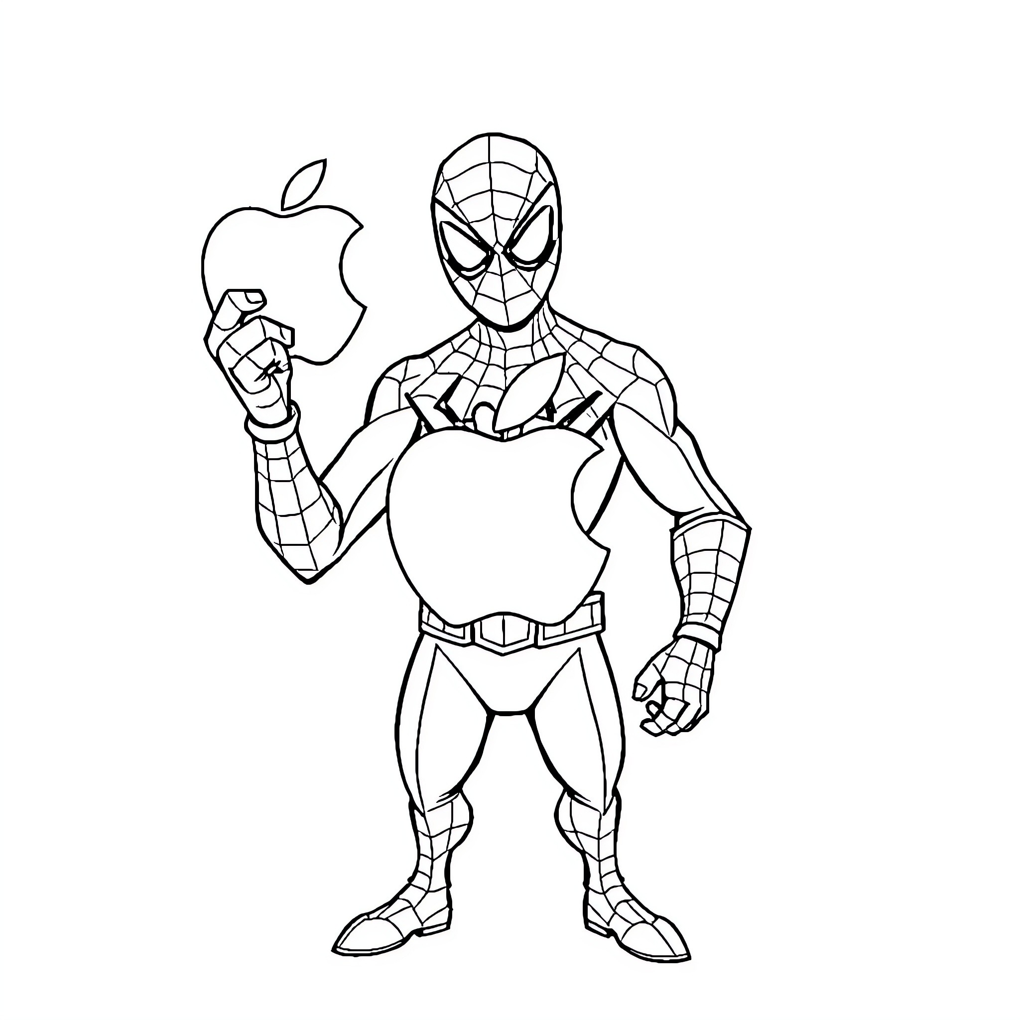 Spiderman holding an apple in a superhero pose Coloring Page (free black-and-white line drawing printable PDF for all, from beginners to advanced learners, including children, teens, adults, and seniors)