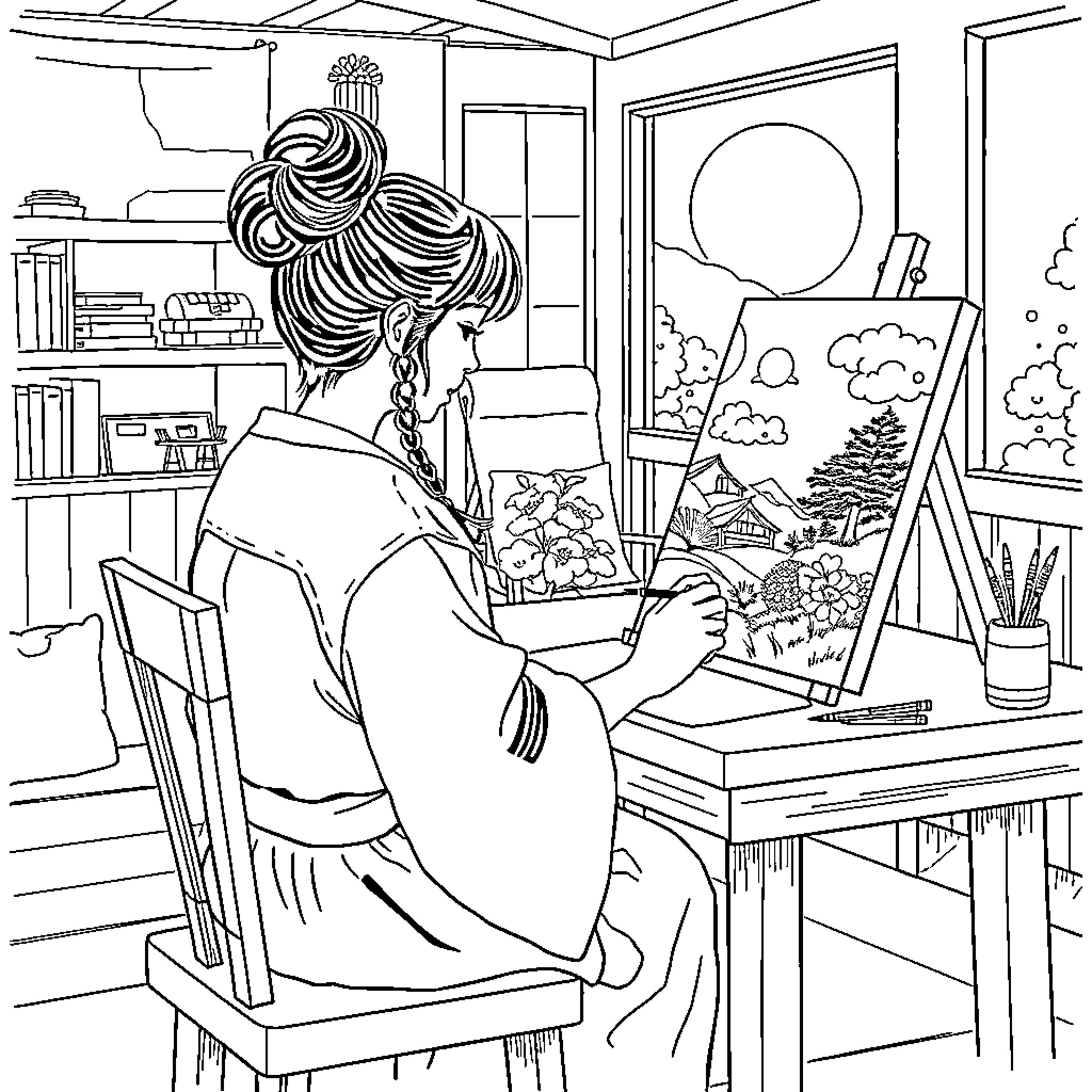 Nezuko painting a landscape in her studio Coloring Page (free black-and-white line drawing printable PDF for all, from beginners to advanced learners, including children, teens, adults, and seniors)