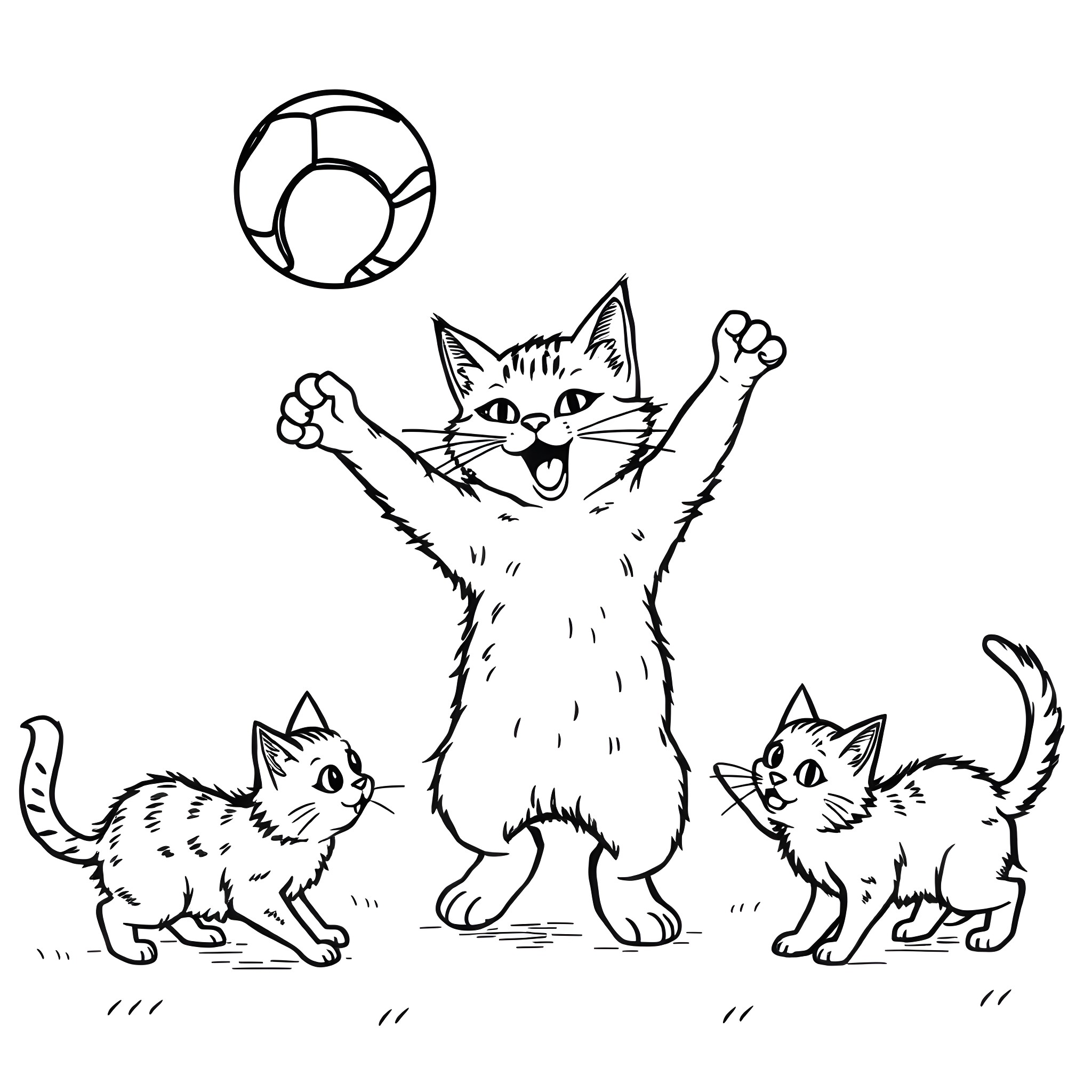 Cats playing and chasing a ball Coloring Page (free black-and-white line drawing printable PDF for all, from beginners to advanced learners, including children, teens, adults, and seniors)
