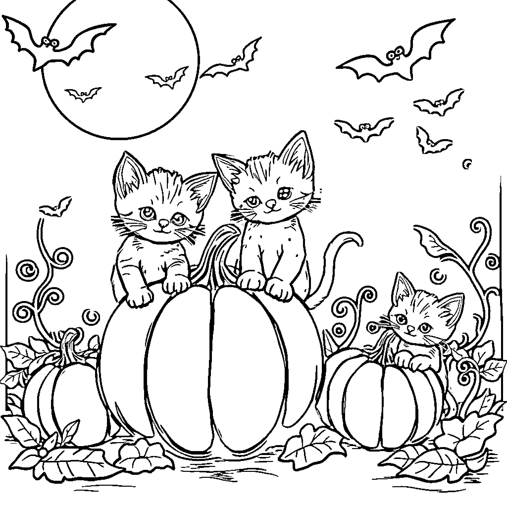 Pumpkin Patch Kittens Coloring Page (free black-and-white line drawing printable PDF for all, from beginners to advanced learners, including children, teens, adults, and seniors)
