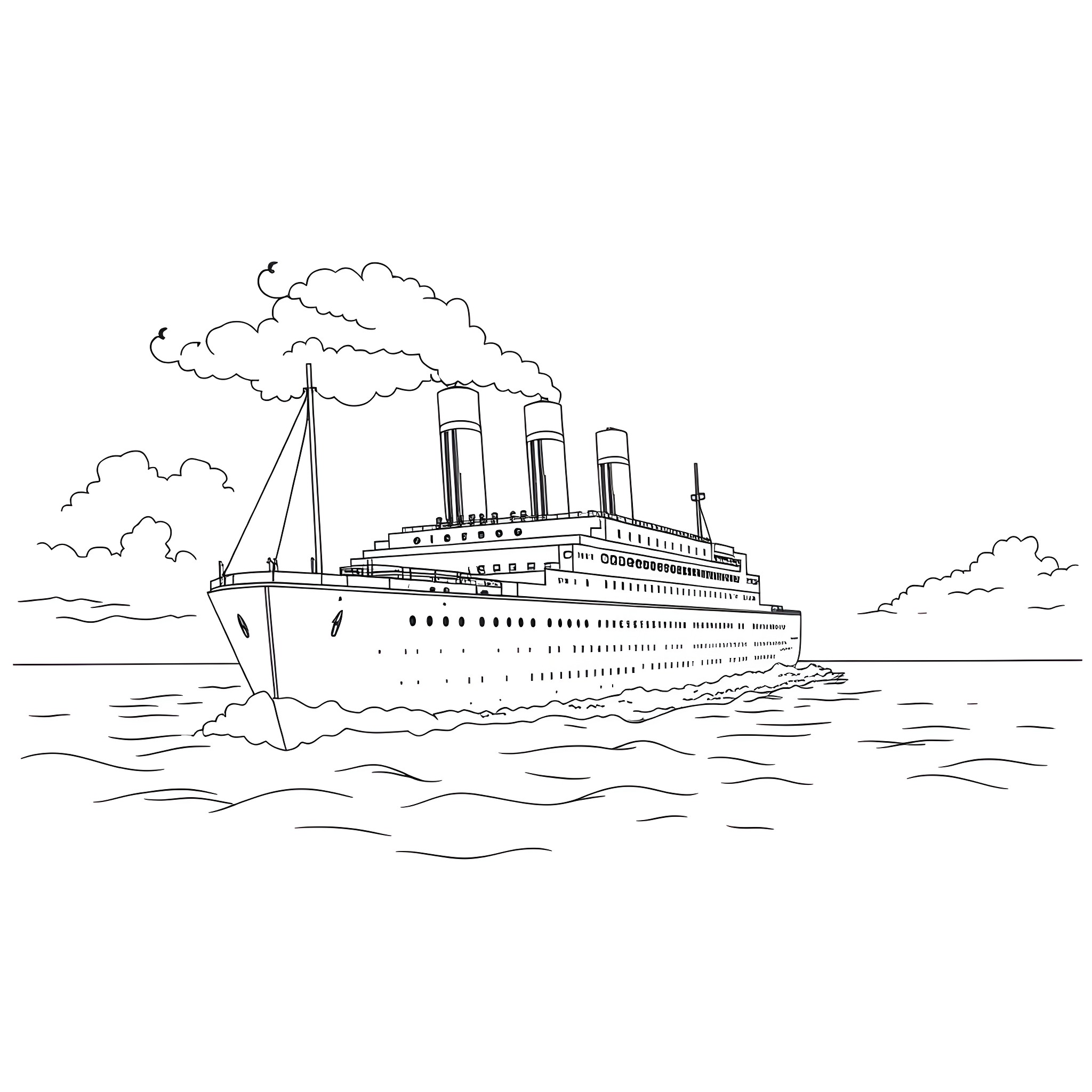 Titanic ship sailing on the open sea Coloring Page (free black-and-white line drawing printable PDF for all, from beginners to advanced learners, including children, teens, adults, and seniors)