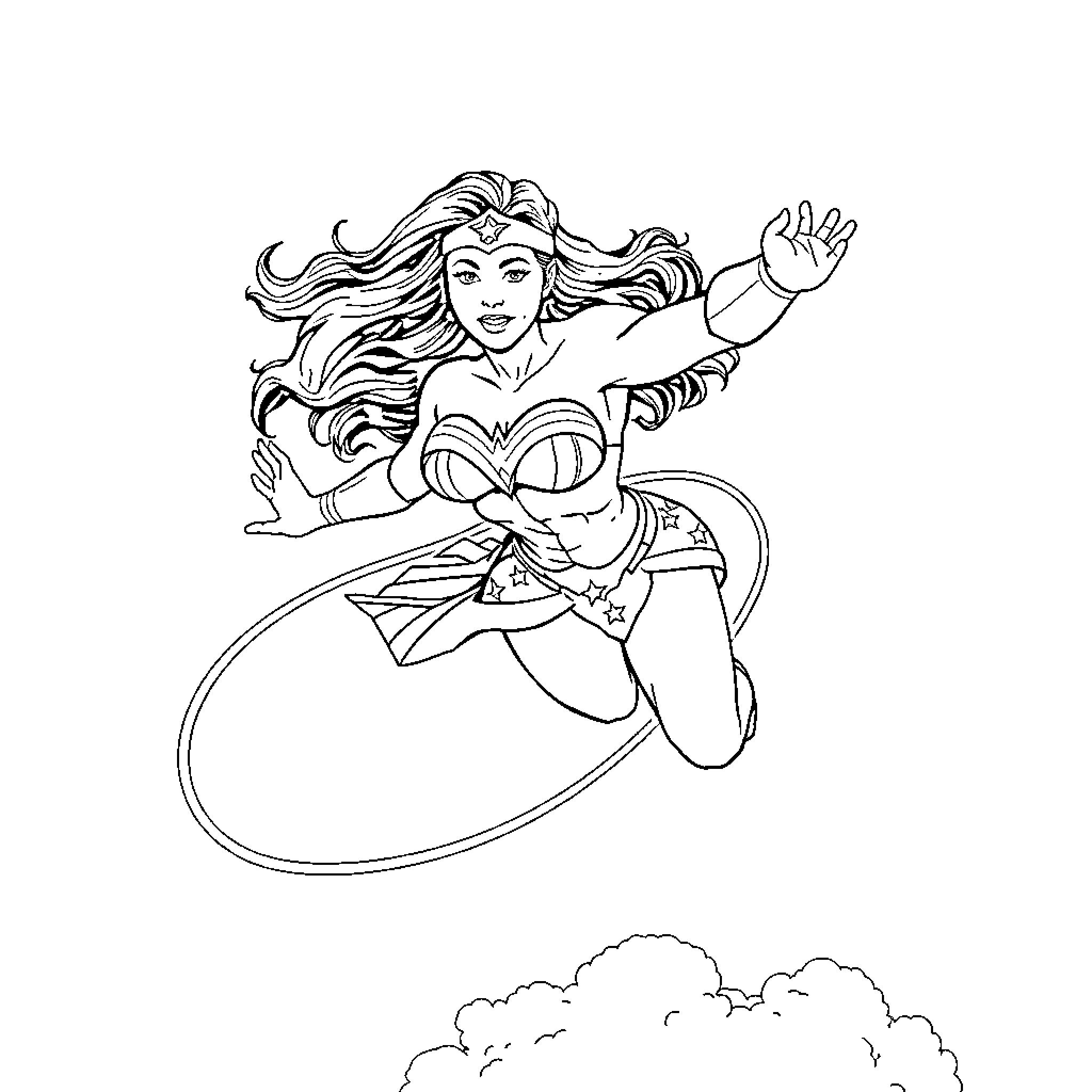 Wonder Woman in Action, Leaping with Heroism Coloring Page (free black-and-white line drawing printable PDF for all, from beginners to advanced learners, including children, teens, adults, and seniors)