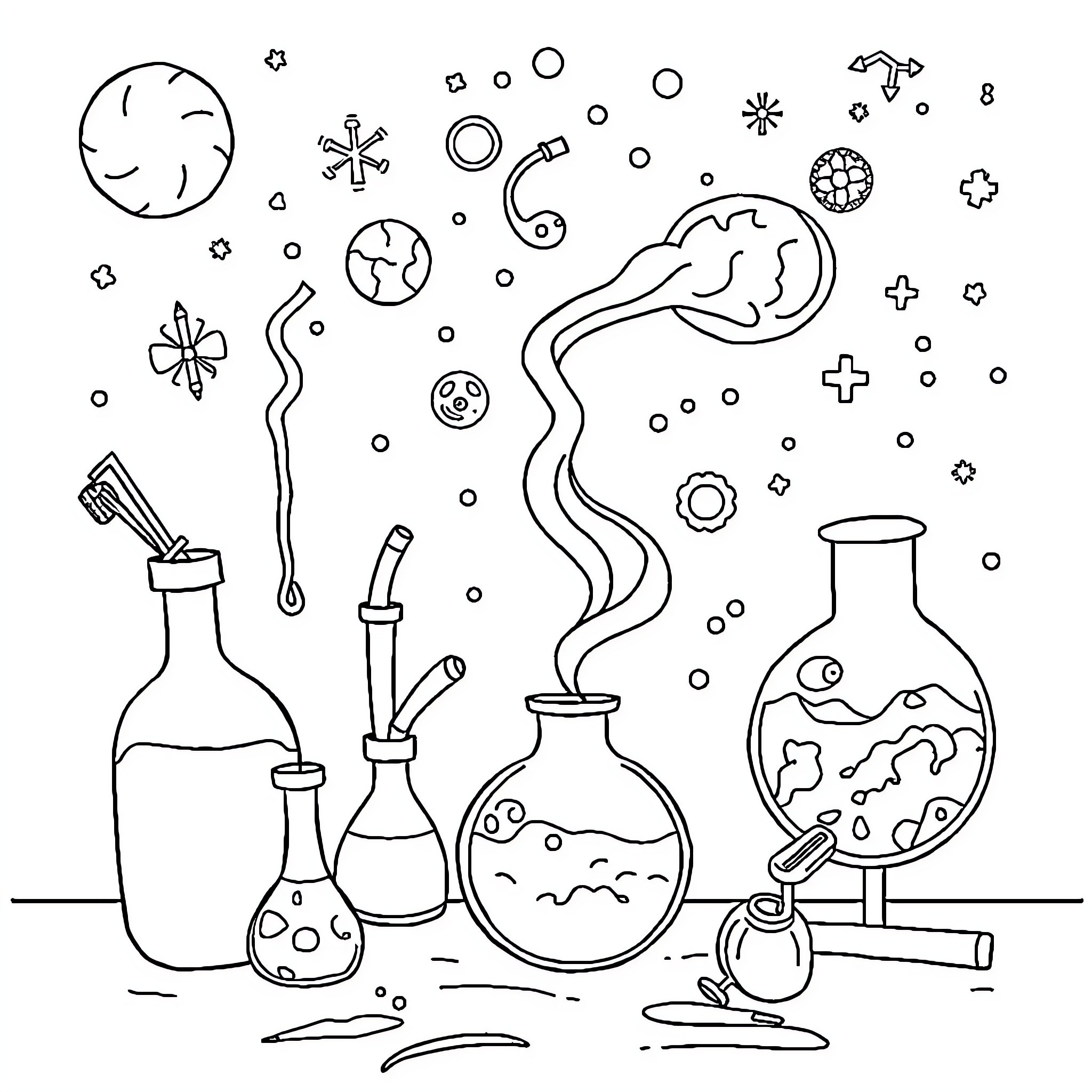 Science Experiment with Bubbling Chemicals and Glassware Coloring Page (free black-and-white line drawing printable PDF for all, from beginners to advanced learners, including children, teens, adults, and seniors)