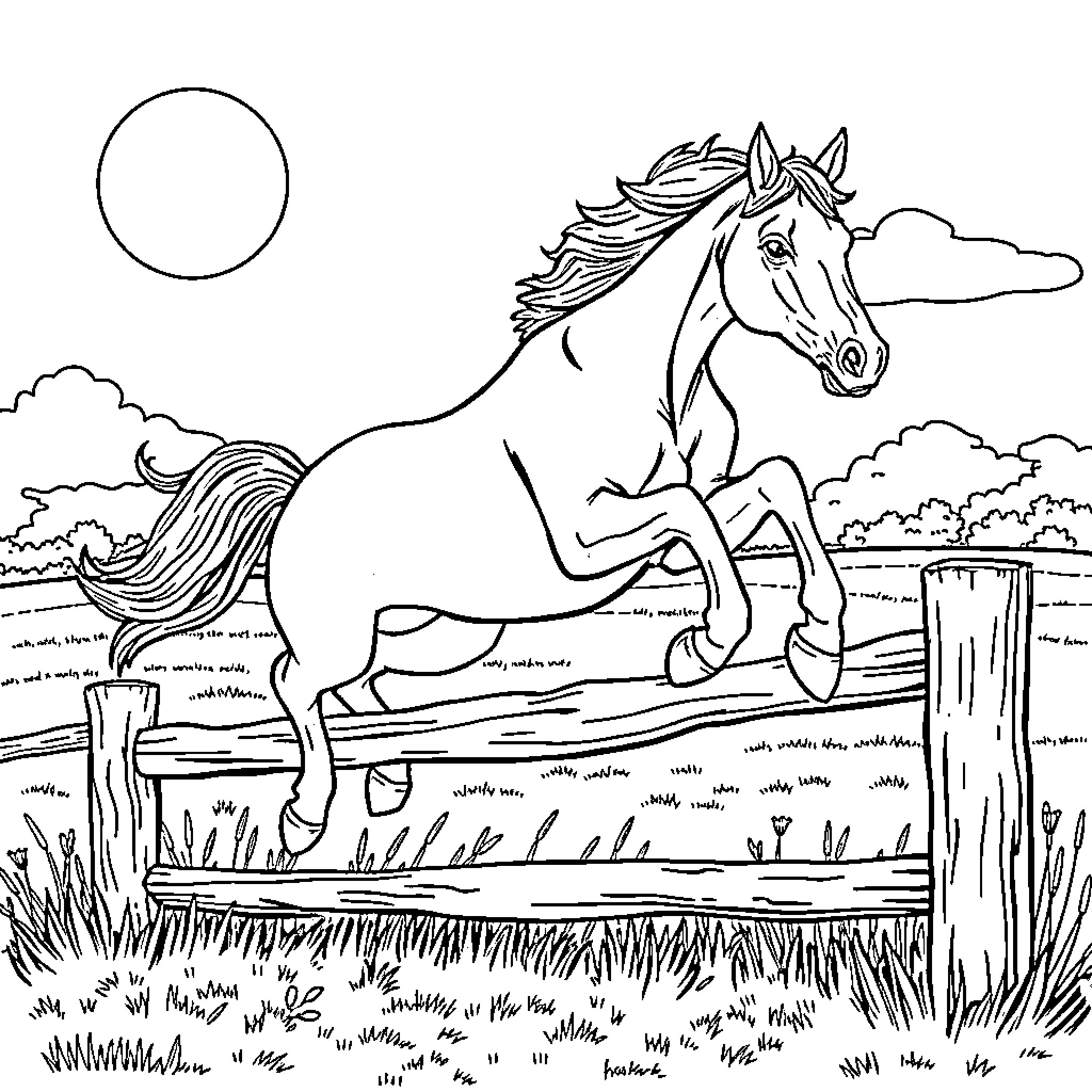 Horse galloping freely in a serene landscape Coloring Page (free black-and-white line drawing printable PDF for all, from beginners to advanced learners, including children, teens, adults, and seniors)