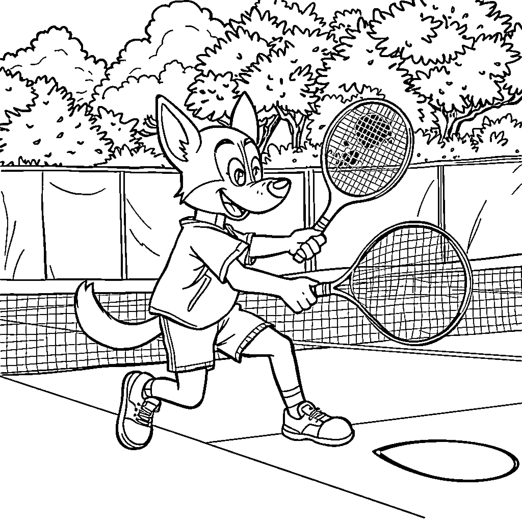 Chase the Animated Animal Tennis Player on the Court Coloring Page (free black-and-white line drawing printable PDF for all, from beginners to advanced learners, including children, teens, adults, and seniors)
