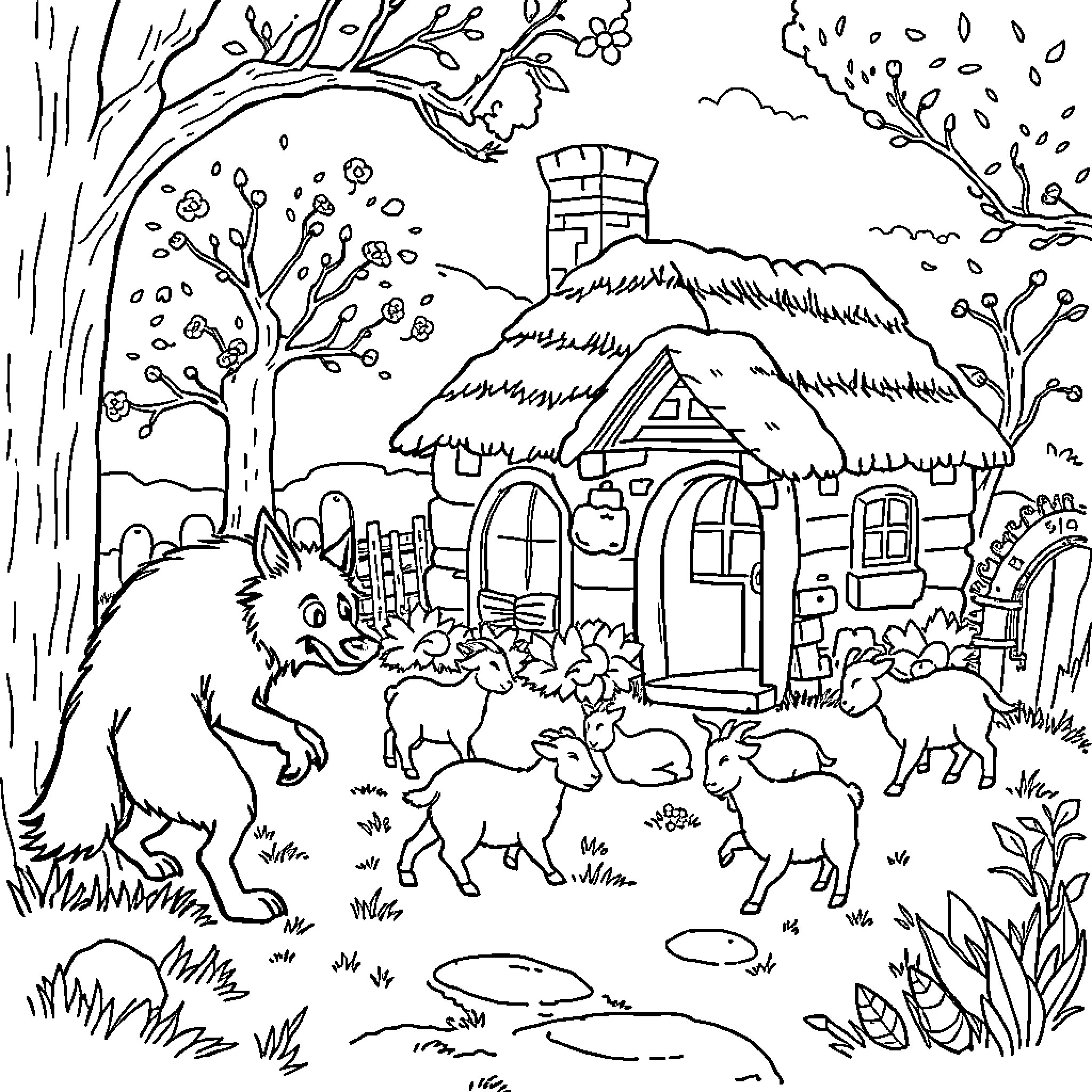 Wolf playing with woodland creatures near a cottage Coloring Page (free black-and-white line drawing printable PDF for all, from beginners to advanced learners, including children, teens, adults, and seniors)