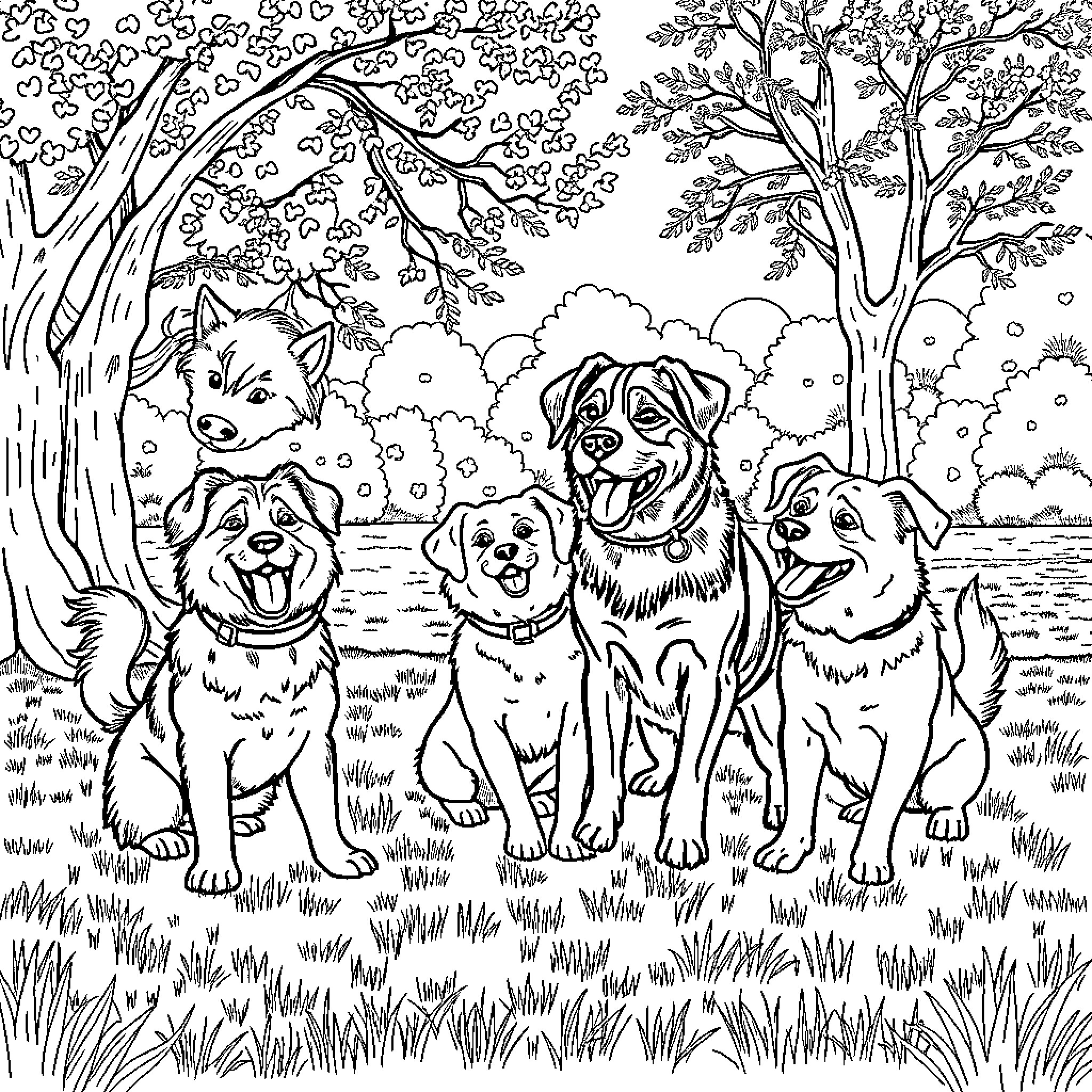 Dog Friends Enjoying Nature Together Coloring Page (free black-and-white line drawing printable PDF for all, from beginners to advanced learners, including children, teens, adults, and seniors)