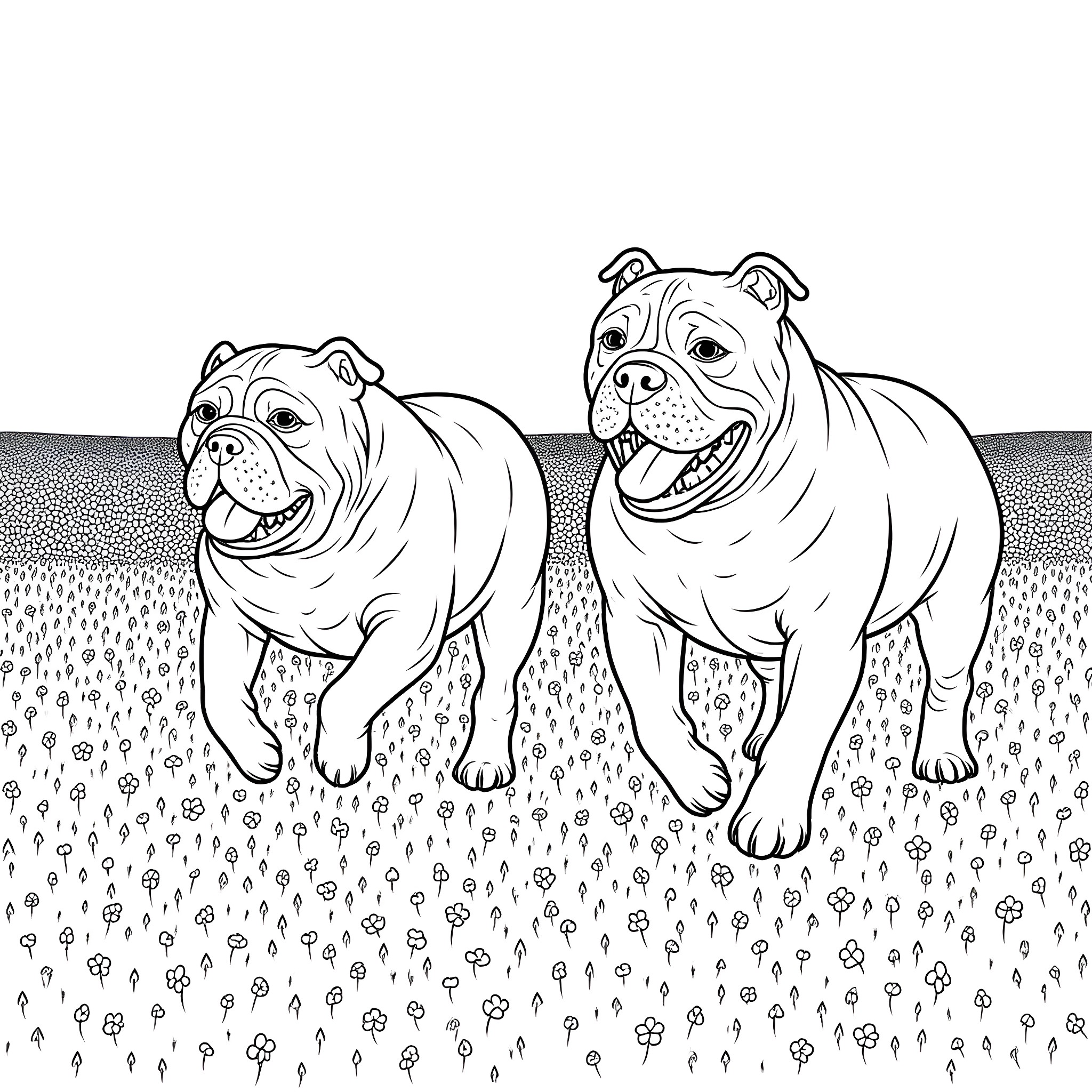 Bulldogs playing joyfully in a field Coloring Page (free black-and-white line drawing printable PDF for all, from beginners to advanced learners, including children, teens, adults, and seniors)