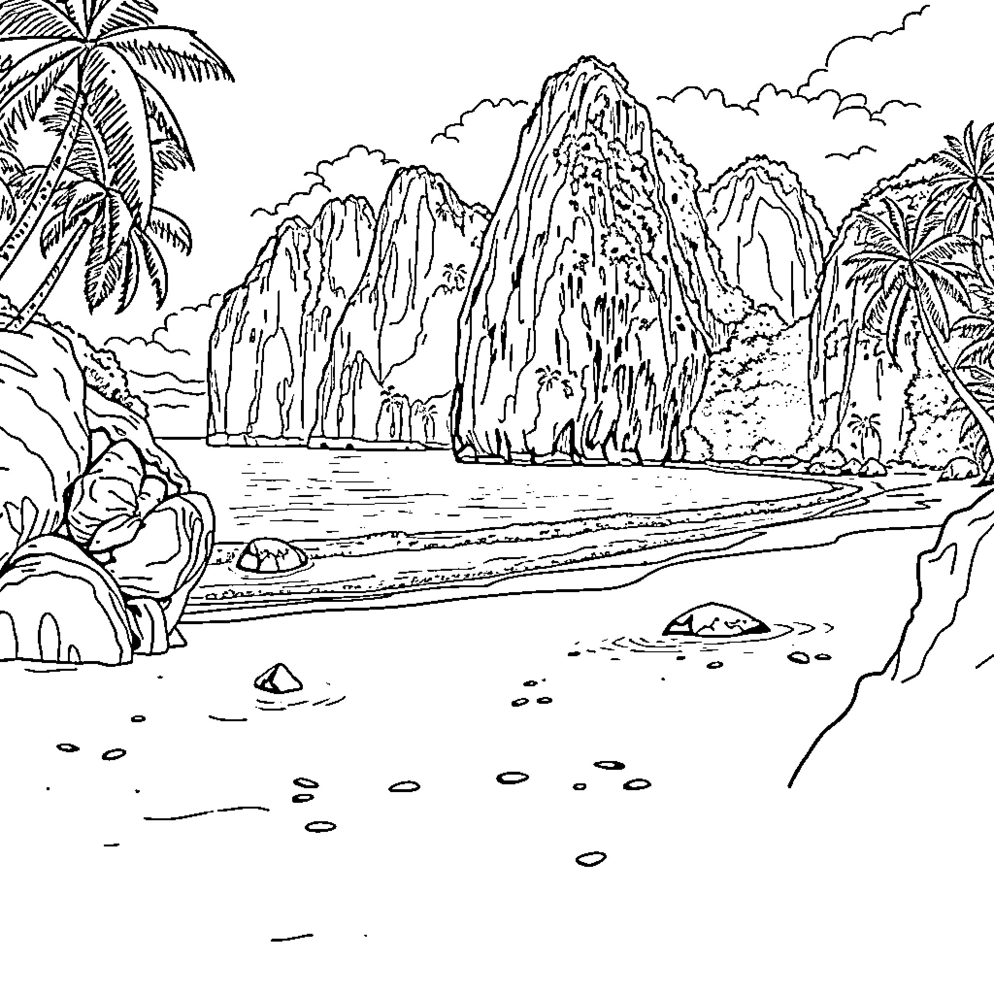 Beach scene with rocky cliffs and tropical landscape Coloring Page (free black-and-white line drawing printable PDF for all, from beginners to advanced learners, including children, teens, adults, and seniors)