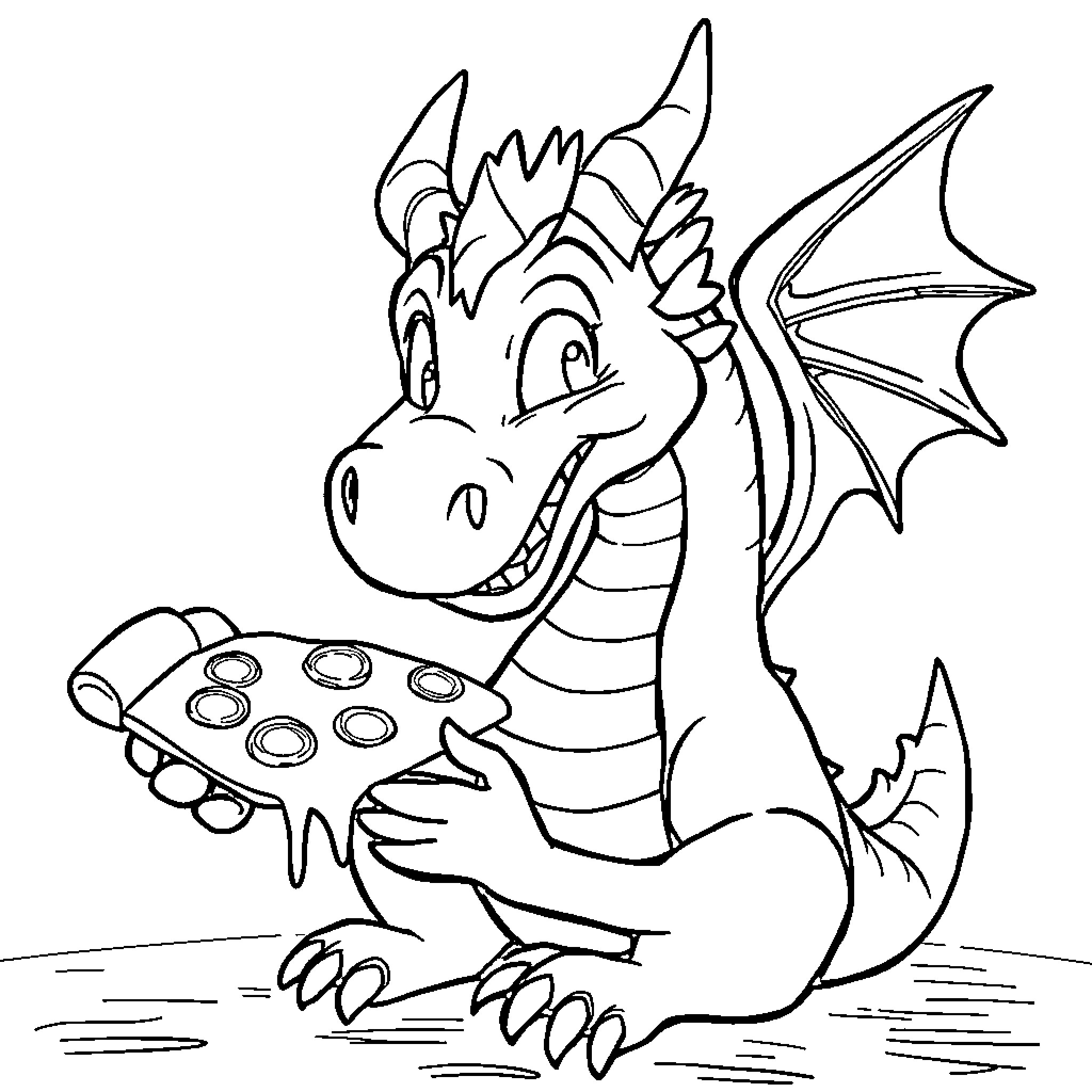 Dragon playing with game controller Coloring Page (free black-and-white line drawing printable PDF for all, from beginners to advanced learners, including children, teens, adults, and seniors)