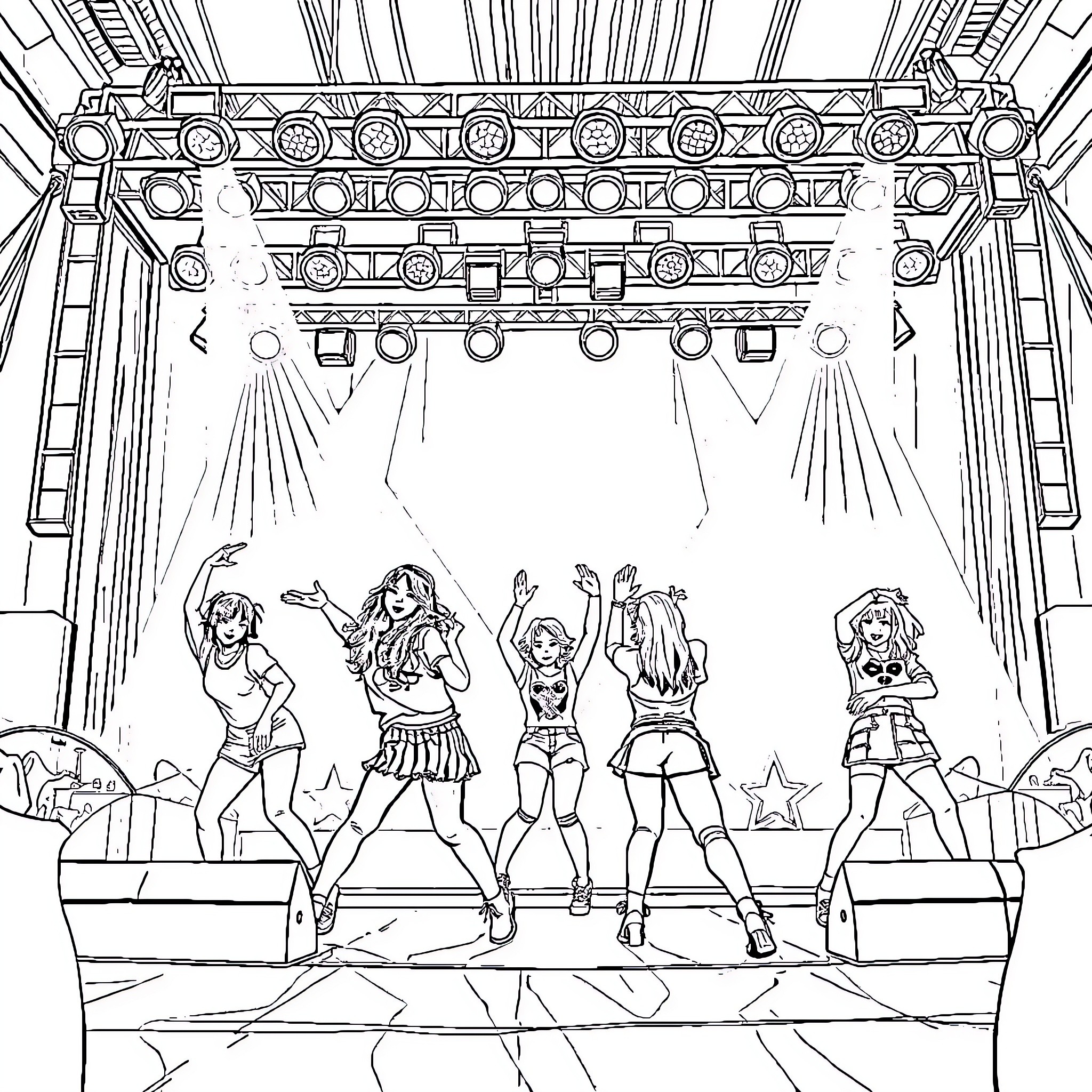 Kpop Idols Performing on Stage Coloring Page (free black-and-white line drawing printable PDF for all, from beginners to advanced learners, including children, teens, adults, and seniors)