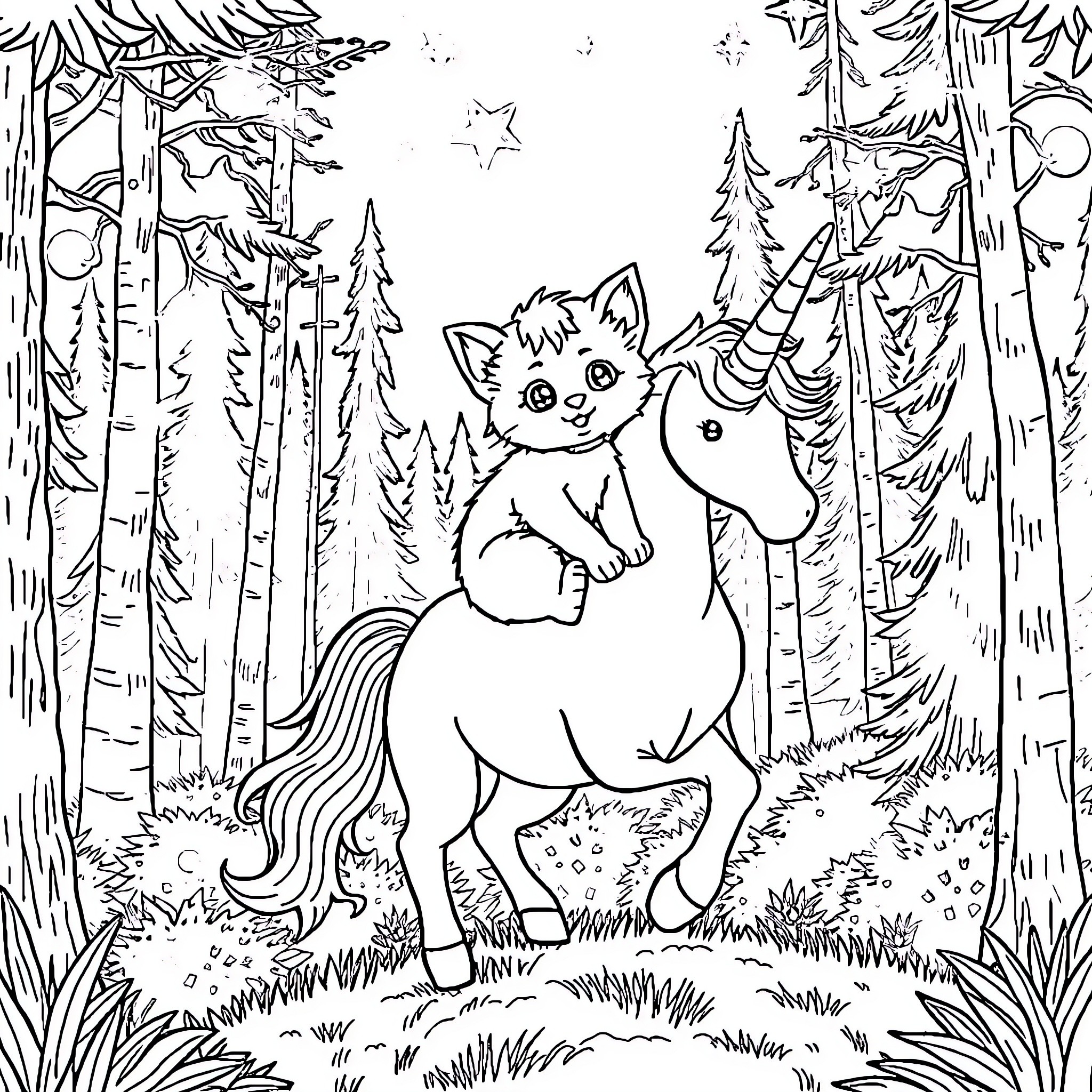 Kitten riding a magical unicorn in the enchanted forest Coloring Page (free black-and-white line drawing printable PDF for all, from beginners to advanced learners, including children, teens, adults, and seniors)