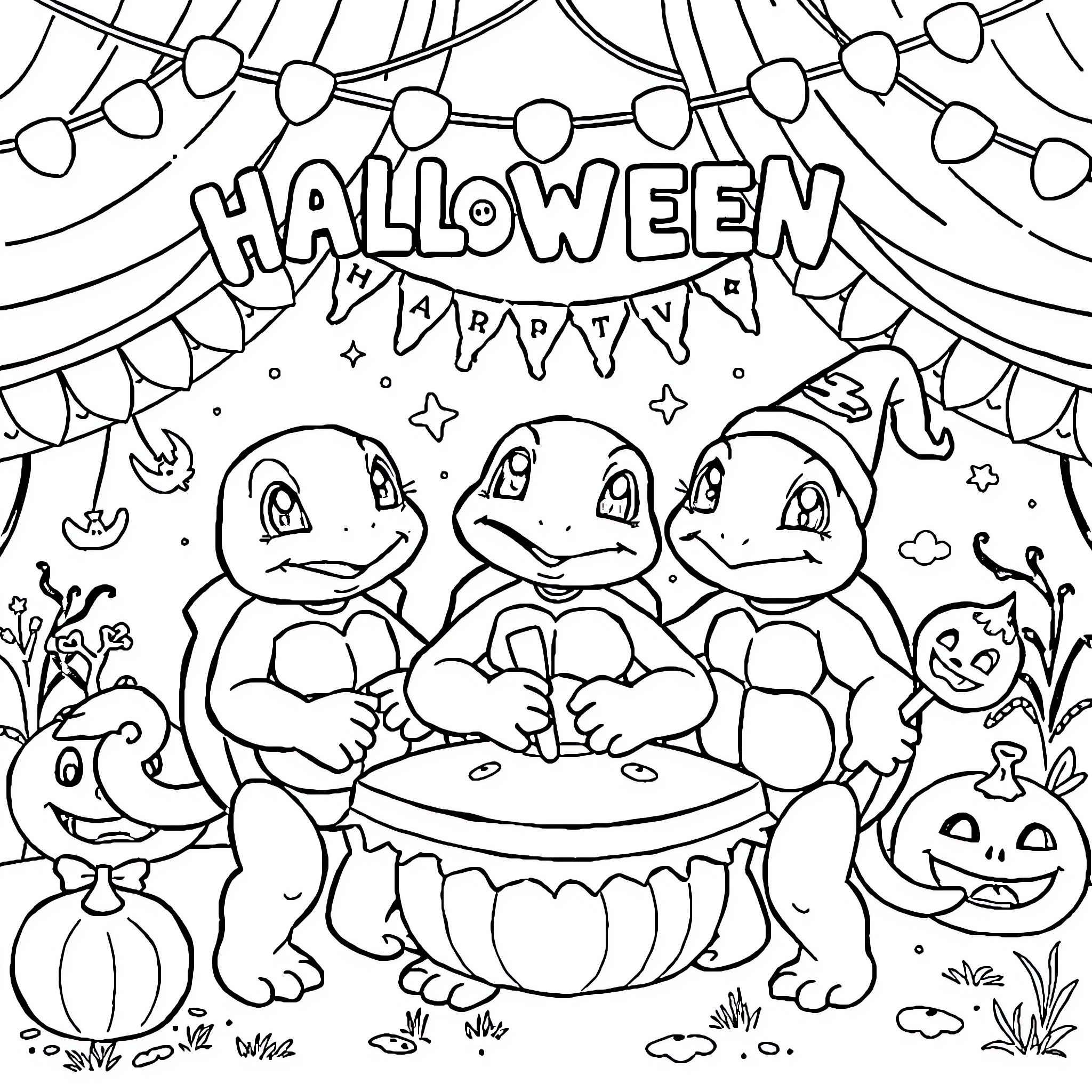 Squirtle Halloween Party with Friends Coloring Page (free black-and-white line drawing printable PDF for all, from beginners to advanced learners, including children, teens, adults, and seniors)
