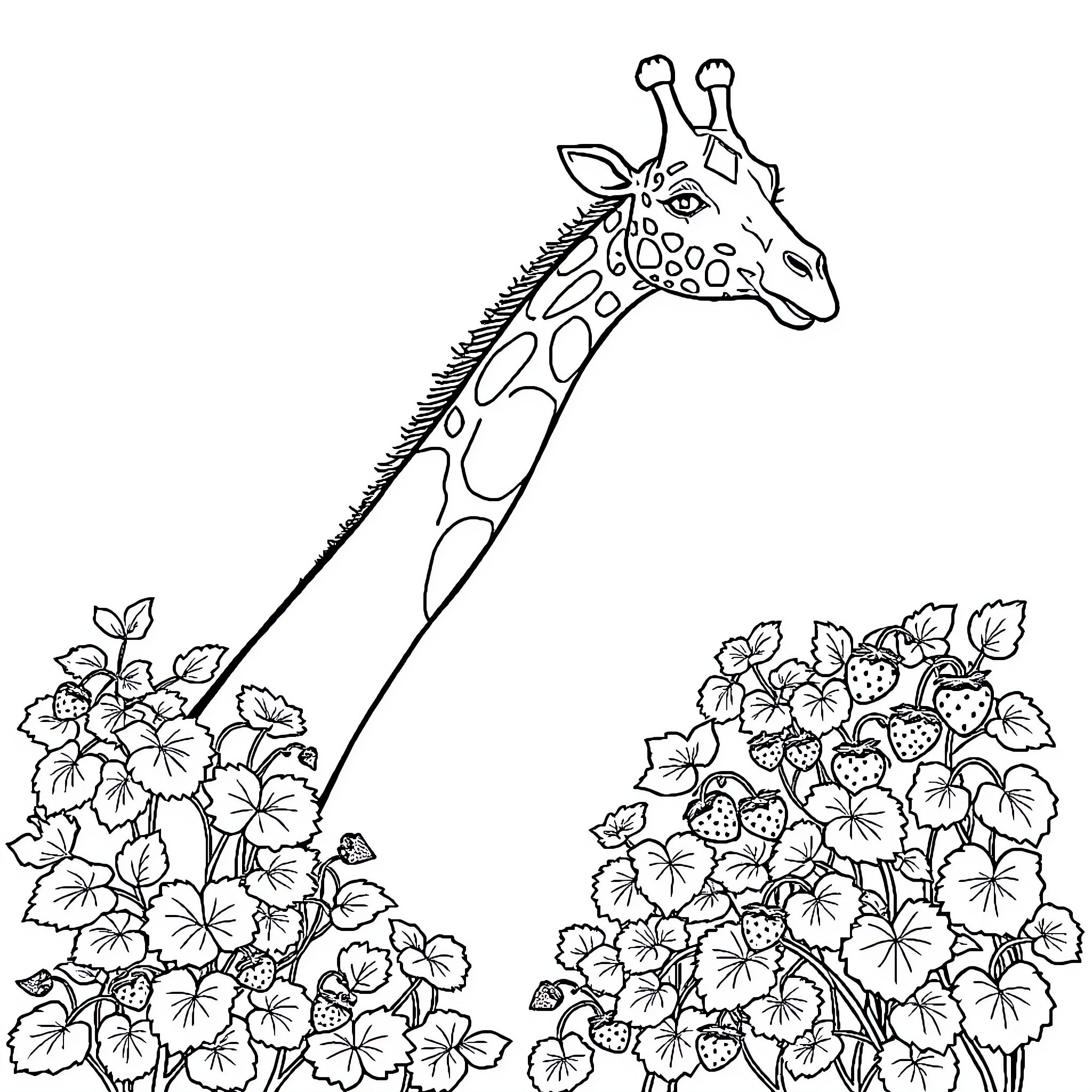 Giraffe surrounded by blooming flowers Coloring Page (free black-and-white line drawing printable PDF for all, from beginners to advanced learners, including children, teens, adults, and seniors)