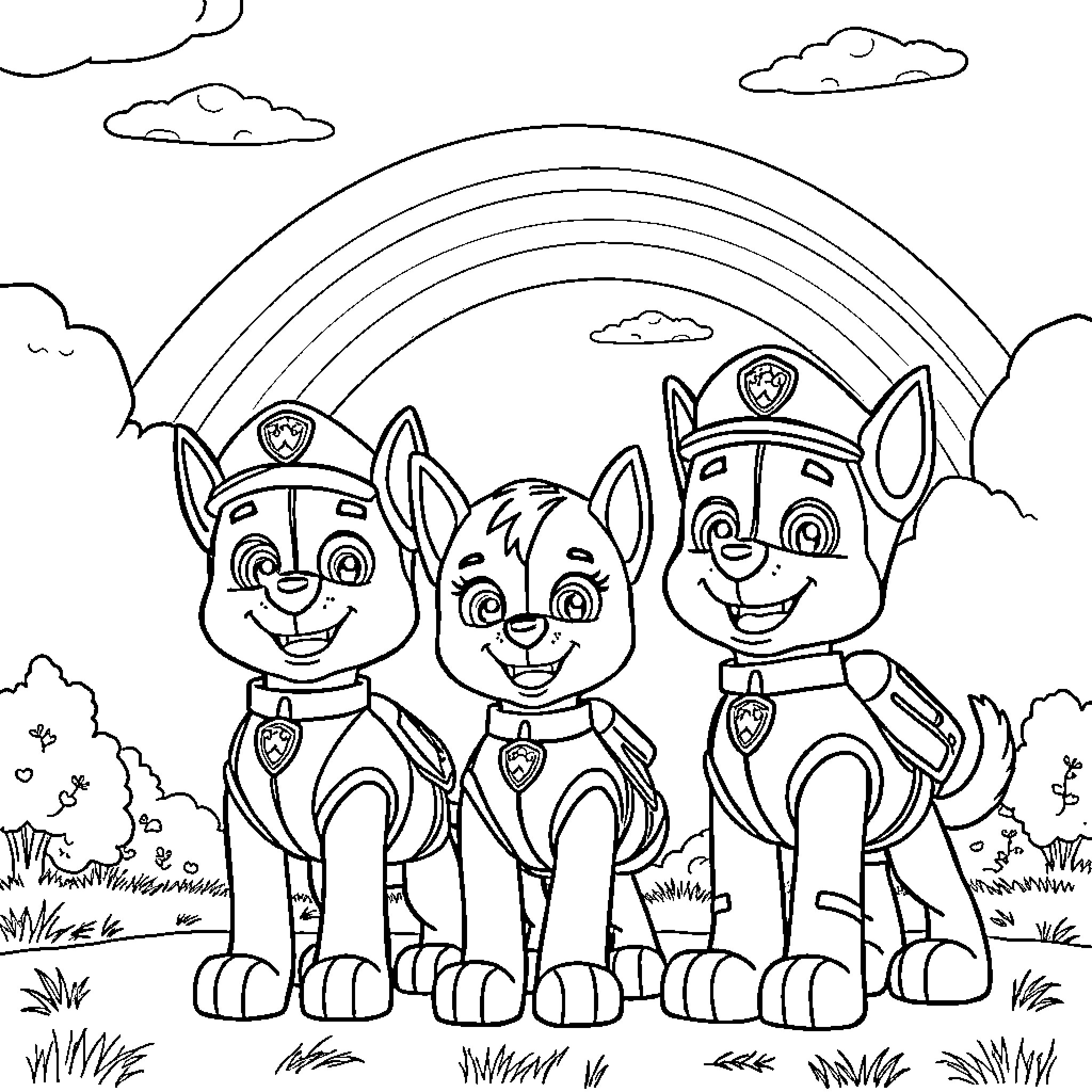 Paw Patrol puppies on a rainbow adventure Coloring Page (free black-and-white line drawing printable PDF for all, from beginners to advanced learners, including children, teens, adults, and seniors)