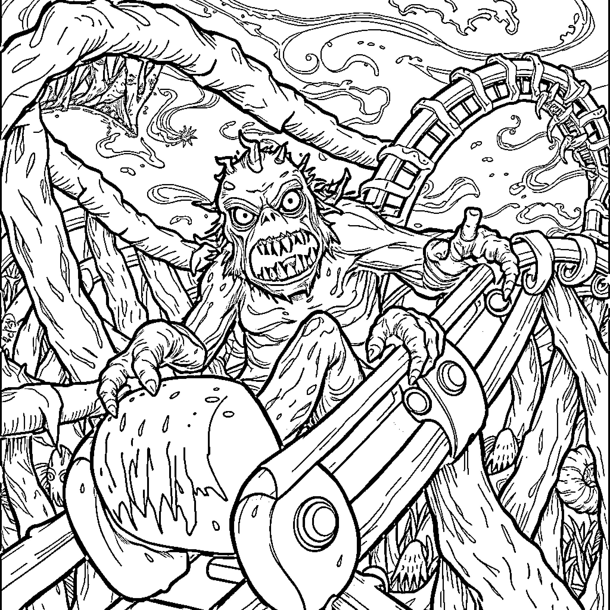 Swamp Monster Wielding Chainsaw in Creepy Landscape Coloring Page (free black-and-white line drawing printable PDF for all, from beginners to advanced learners, including children, teens, adults, and seniors)