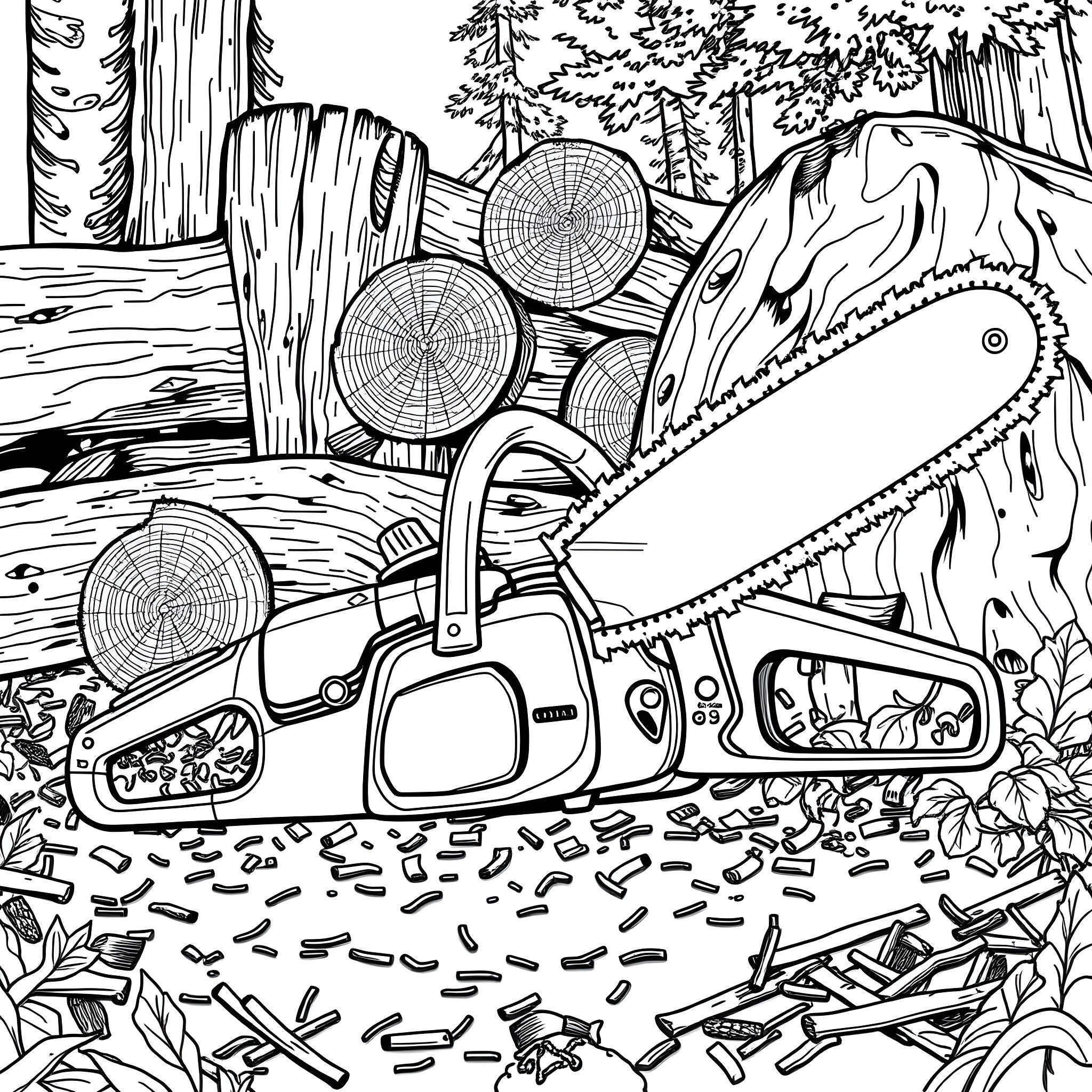 Chain Saw Cutting Through Fallen Logs in Forest Coloring Page (free black-and-white line drawing printable PDF for all, from beginners to advanced learners, including children, teens, adults, and seniors)