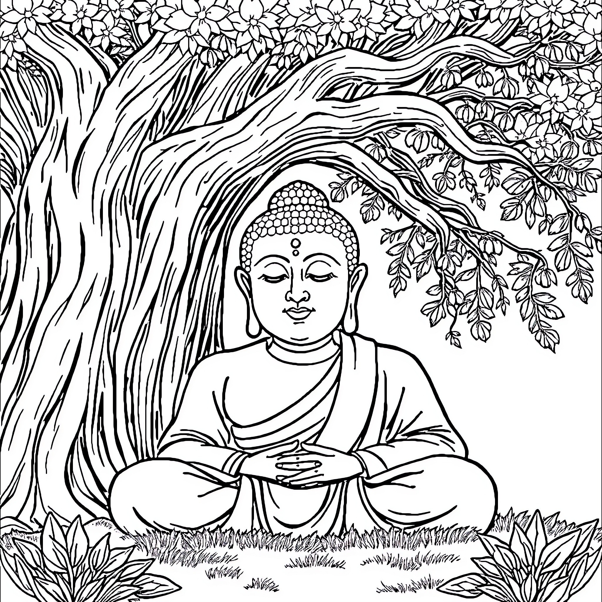 Buddha meditating under the tree in nature Coloring Page (free black-and-white line drawing printable PDF for all, from beginners to advanced learners, including children, teens, adults, and seniors)