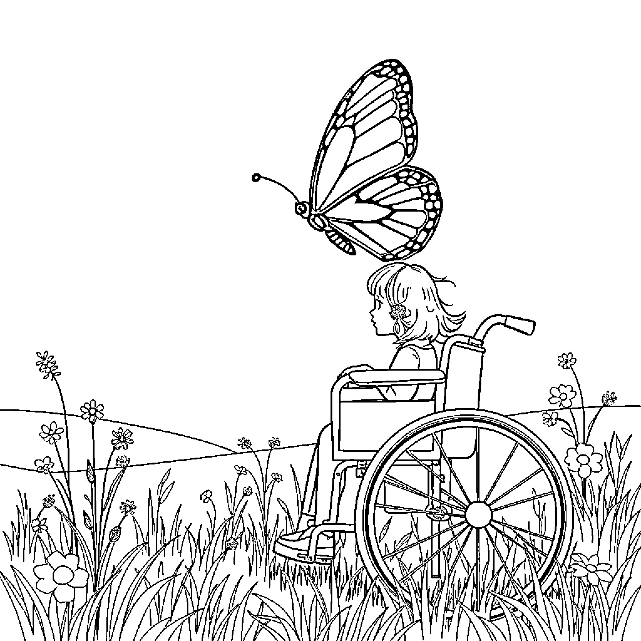 Butterfly resting on a person in a wheelchair Coloring Page (free black-and-white line drawing printable PDF for all, from beginners to advanced learners, including children, teens, adults, and seniors)