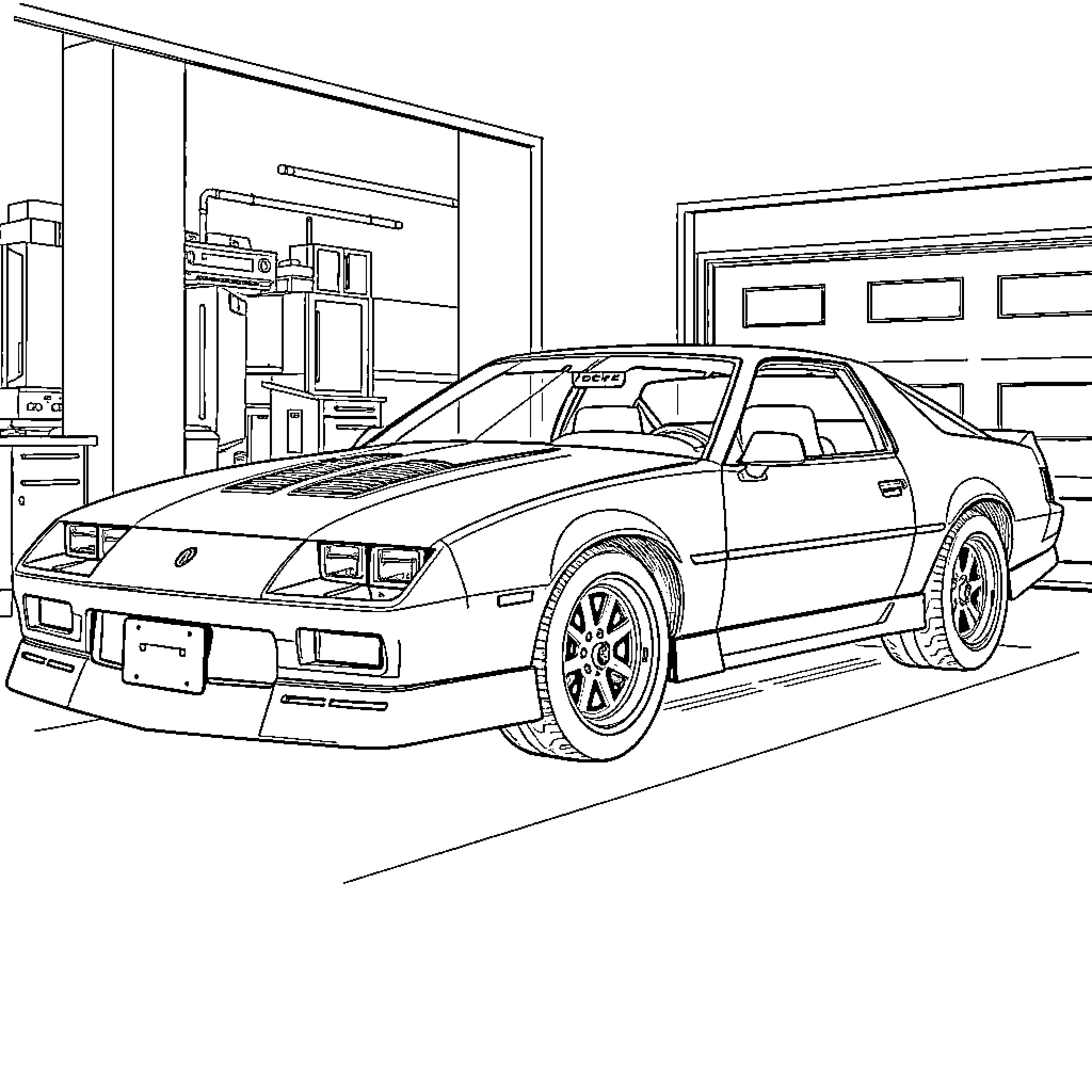 Car in garage workshop Coloring Page (free black-and-white line drawing printable PDF for all, from beginners to advanced learners, including children, teens, adults, and seniors)