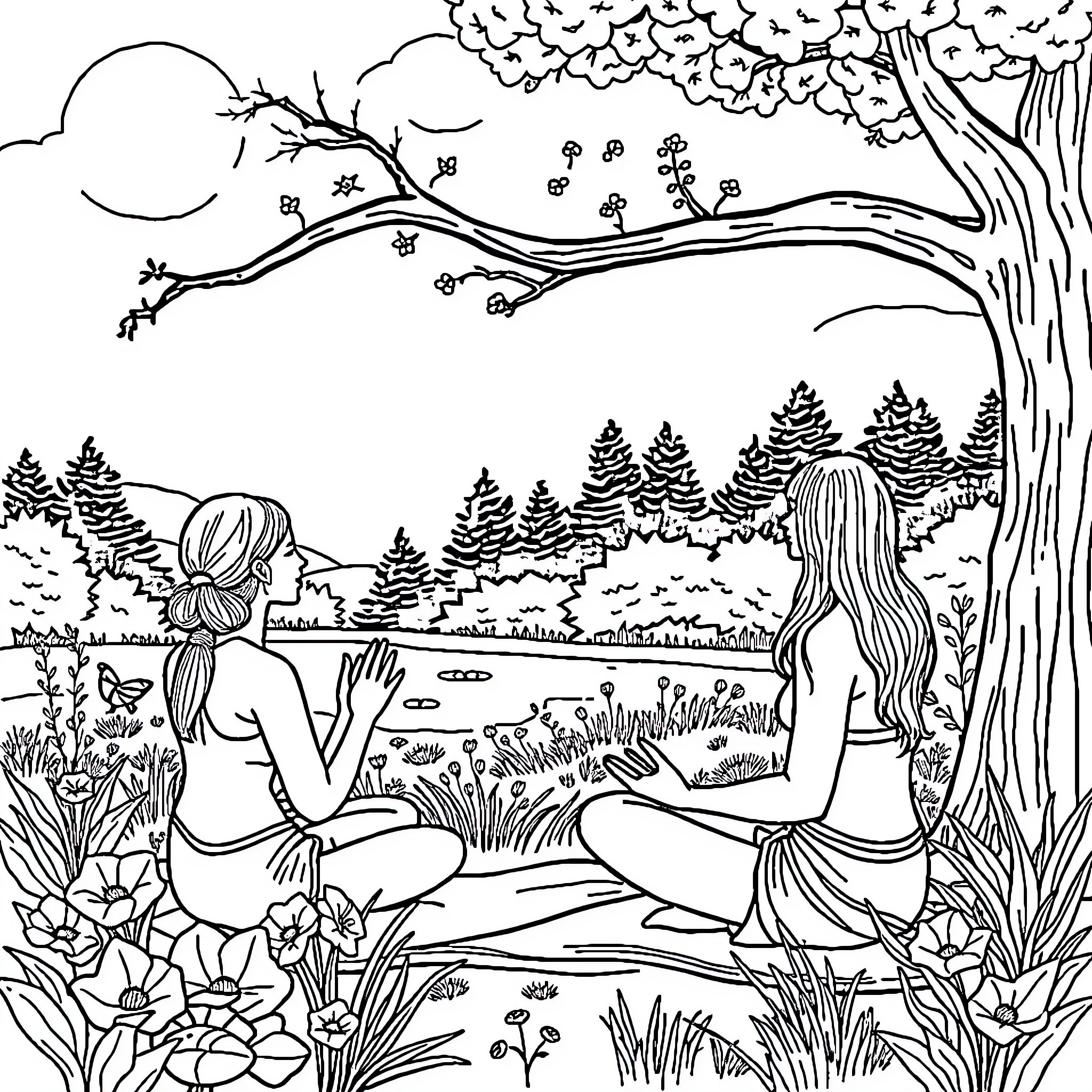Cats in a serene natural scene Coloring Page (free black-and-white line drawing printable PDF for all, from beginners to advanced learners, including children, teens, adults, and seniors)