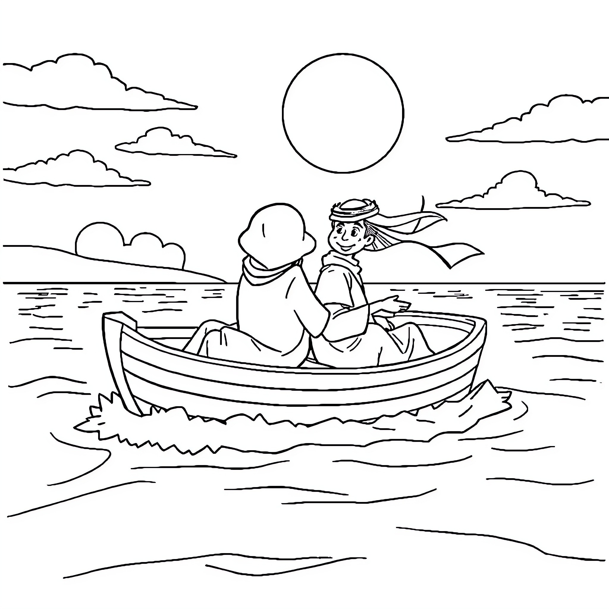 Bateau family enjoying a peaceful boat ride Coloring Page (free black-and-white line drawing printable PDF for all, from beginners to advanced learners, including children, teens, adults, and seniors)