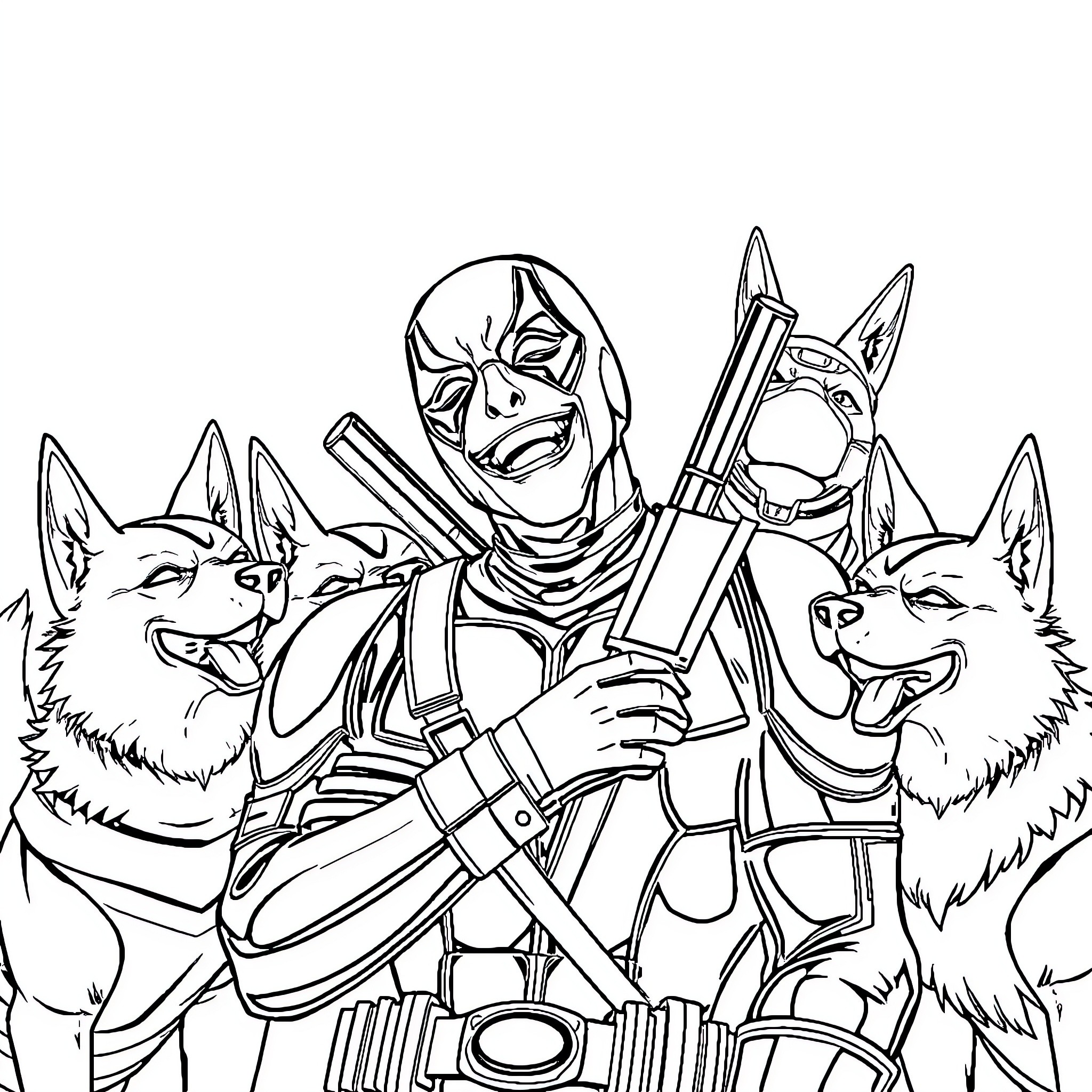 Deadpool in action with armed companions Coloring Page (free black-and-white line drawing printable PDF for all, from beginners to advanced learners, including children, teens, adults, and seniors)
