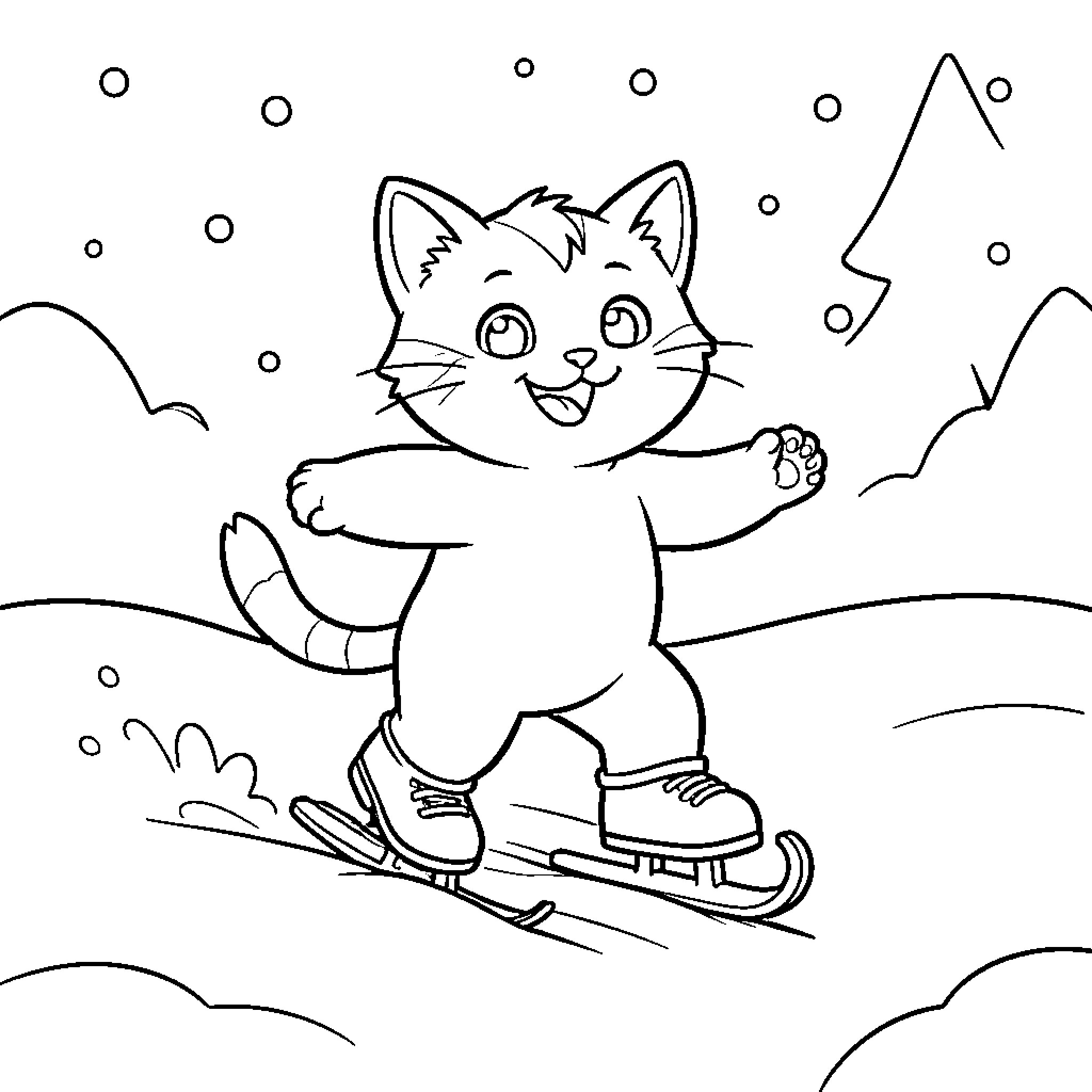 Gato enjoying winter sports on the slopes Coloring Page (free black-and-white line drawing printable PDF for all, from beginners to advanced learners, including children, teens, adults, and seniors)