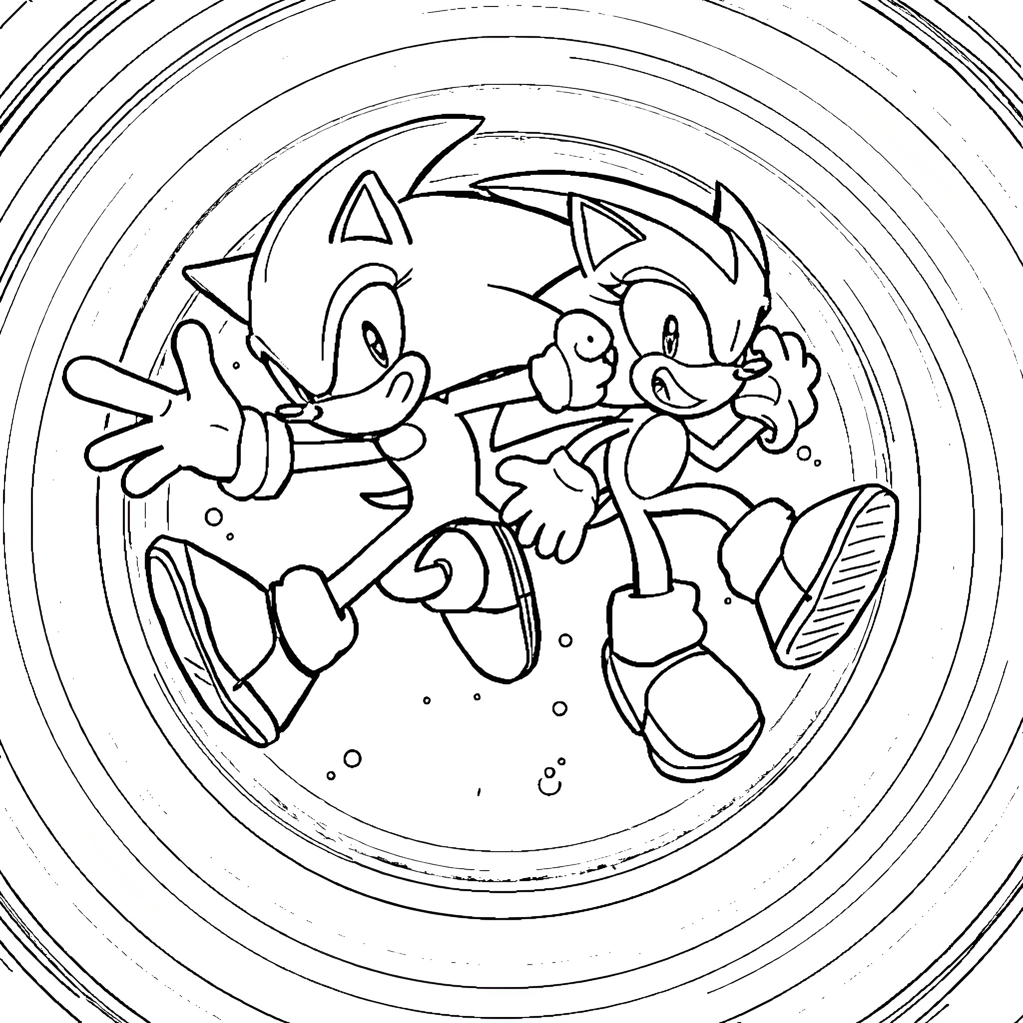 Sonic and Tails racing through a whirlwind Coloring Page (free black-and-white line drawing printable PDF for all, from beginners to advanced learners, including children, teens, adults, and seniors)