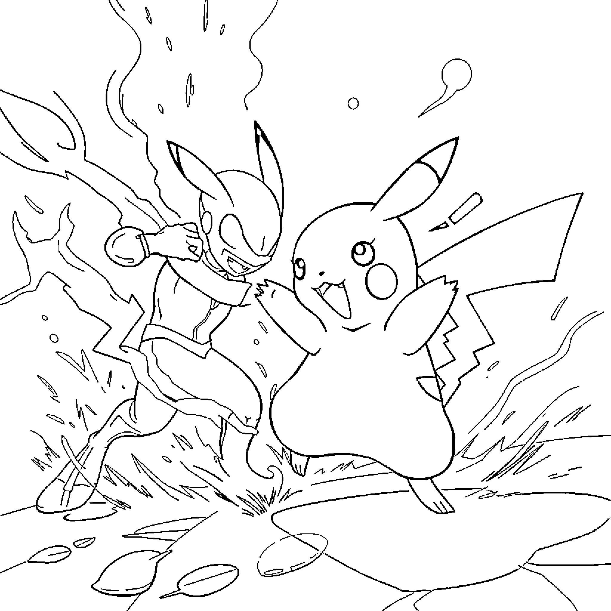 Pikachu engaging in a playful battle Coloring Page (free black-and-white line drawing printable PDF for all, from beginners to advanced learners, including children, teens, adults, and seniors)