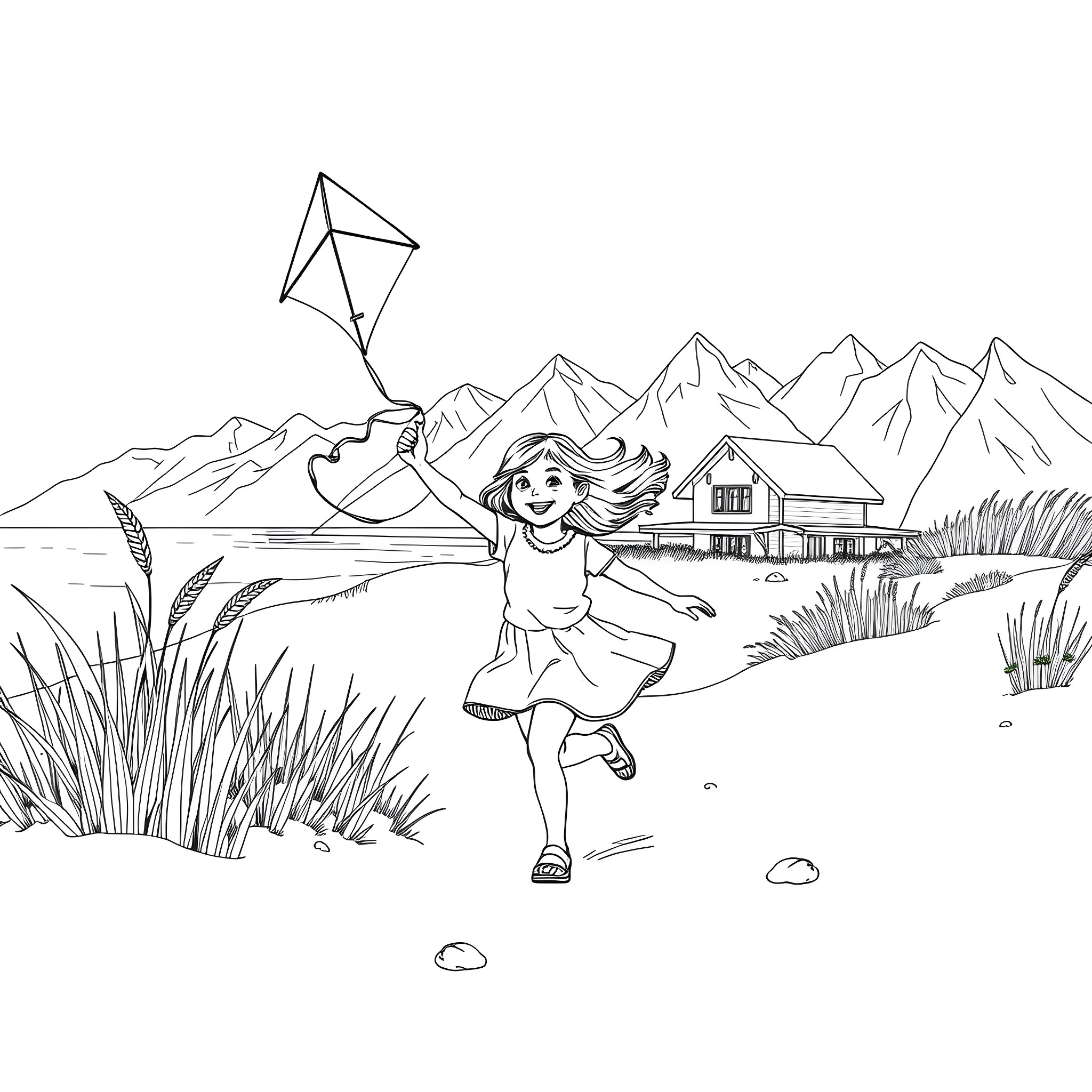 Girl joyfully flying a kite in the countryside Coloring Page (free black-and-white line drawing printable PDF for all, from beginners to advanced learners, including children, teens, adults, and seniors)