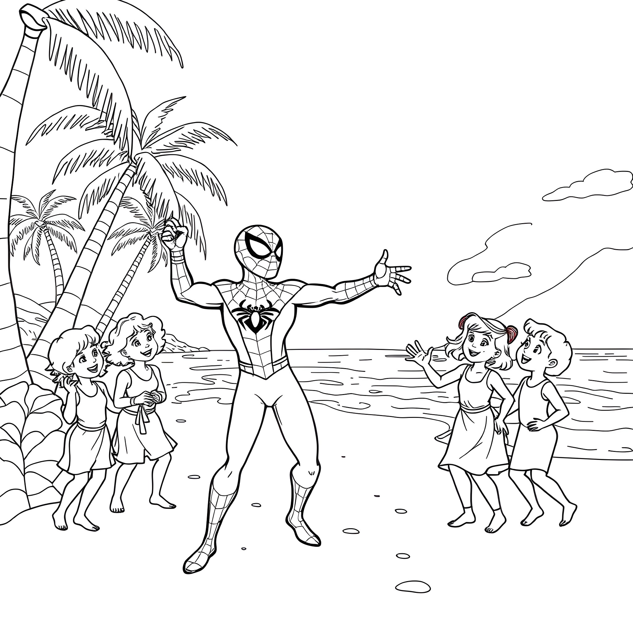 Spiderman adventures with children on the beach Coloring Page (free black-and-white line drawing printable PDF for all, from beginners to advanced learners, including children, teens, adults, and seniors)