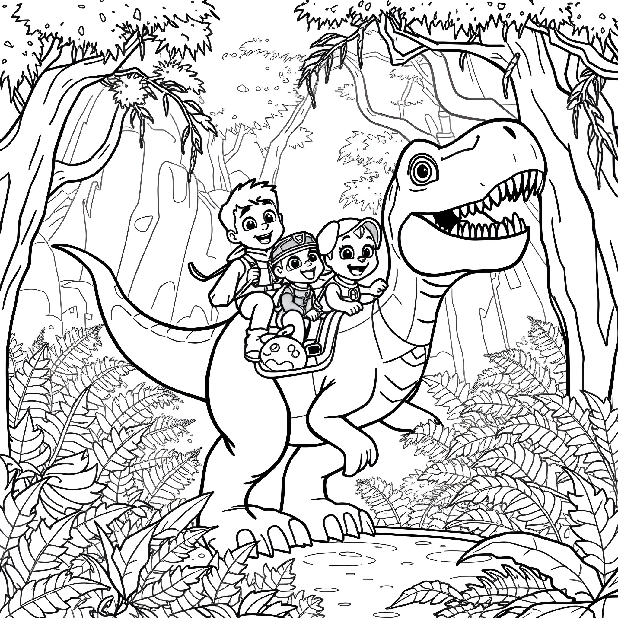 Paw Patrol characters exploring the jungle with a dinosaur Coloring Page (free black-and-white line drawing printable PDF for all, from beginners to advanced learners, including children, teens, adults, and seniors)