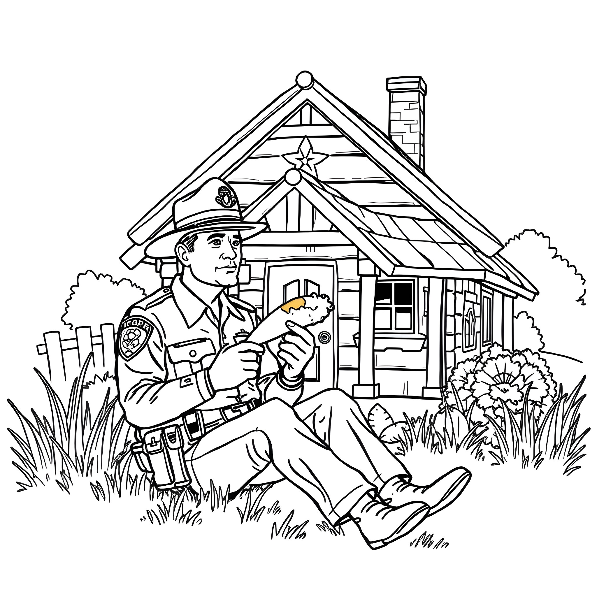 Trooper Relaxing near Rustic Cabin Coloring Page (free black-and-white line drawing printable PDF for all, from beginners to advanced learners, including children, teens, adults, and seniors)