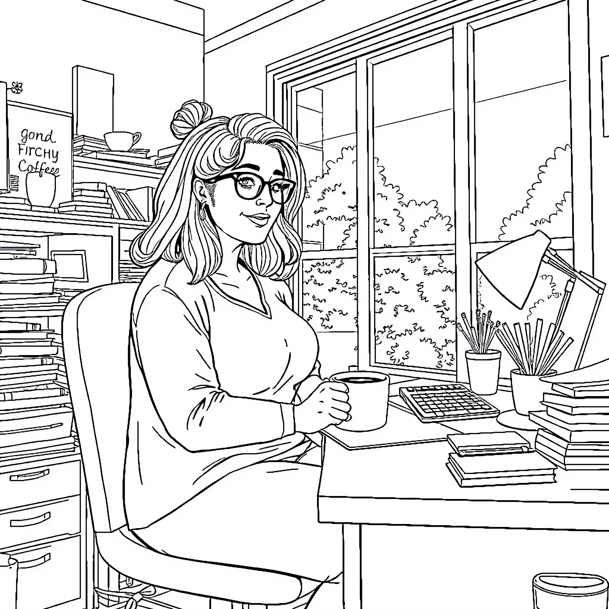Mom working diligently in her cozy home office Coloring Page (free black-and-white line drawing printable PDF for all, from beginners to advanced learners, including children, teens, adults, and seniors)