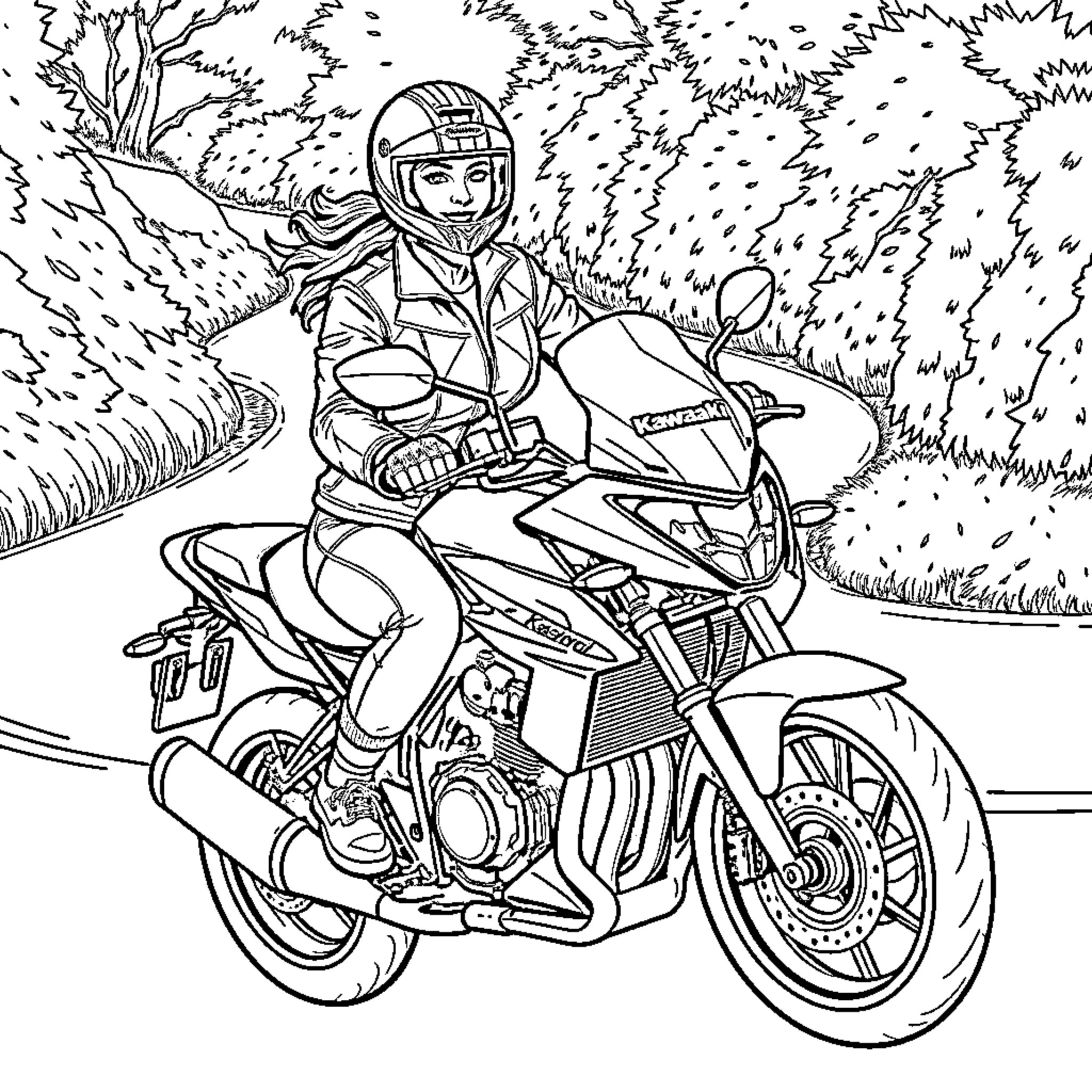 Motorcycle rider explores rugged terrain Coloring Page (free black-and-white line drawing printable PDF for all, from beginners to advanced learners, including children, teens, adults, and seniors)