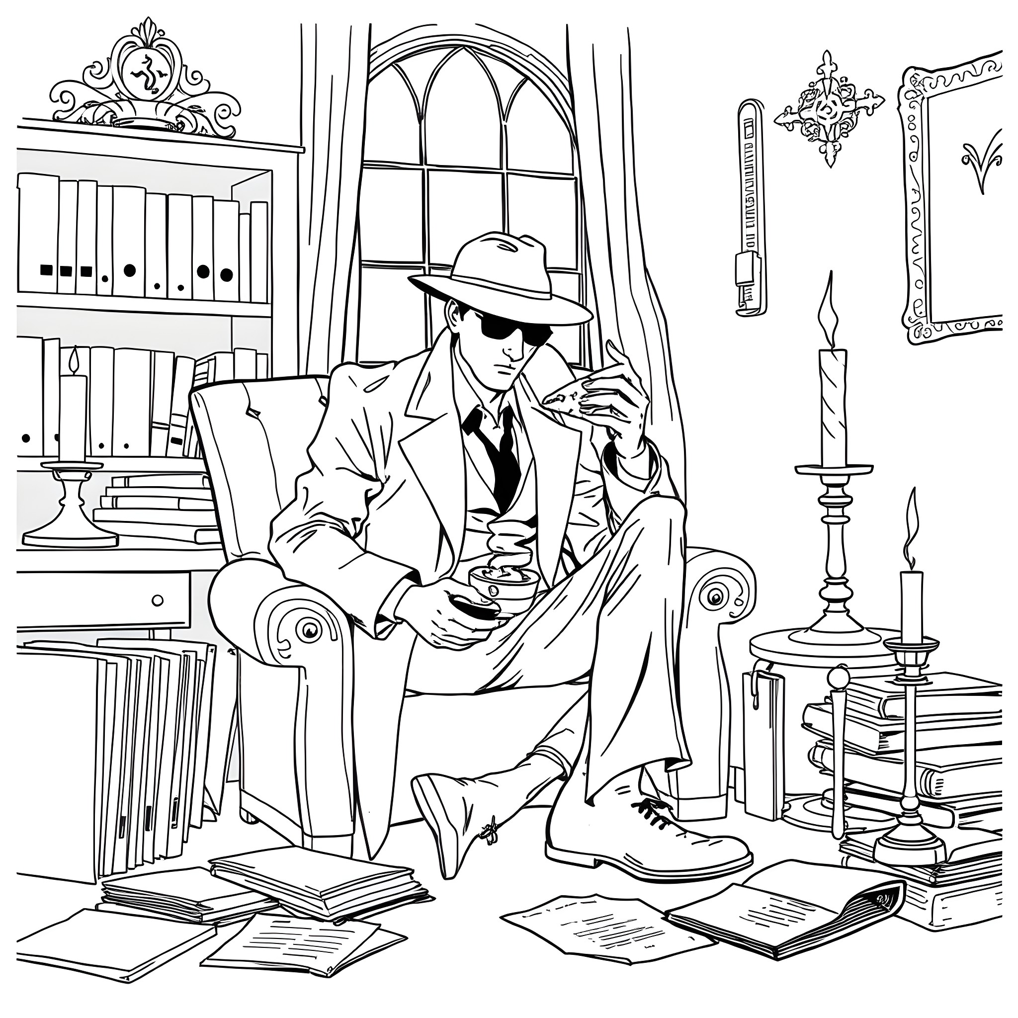 Lonely Gentleman's Quiet Contemplation Coloring Page (free black-and-white line drawing printable PDF for all, from beginners to advanced learners, including children, teens, adults, and seniors)