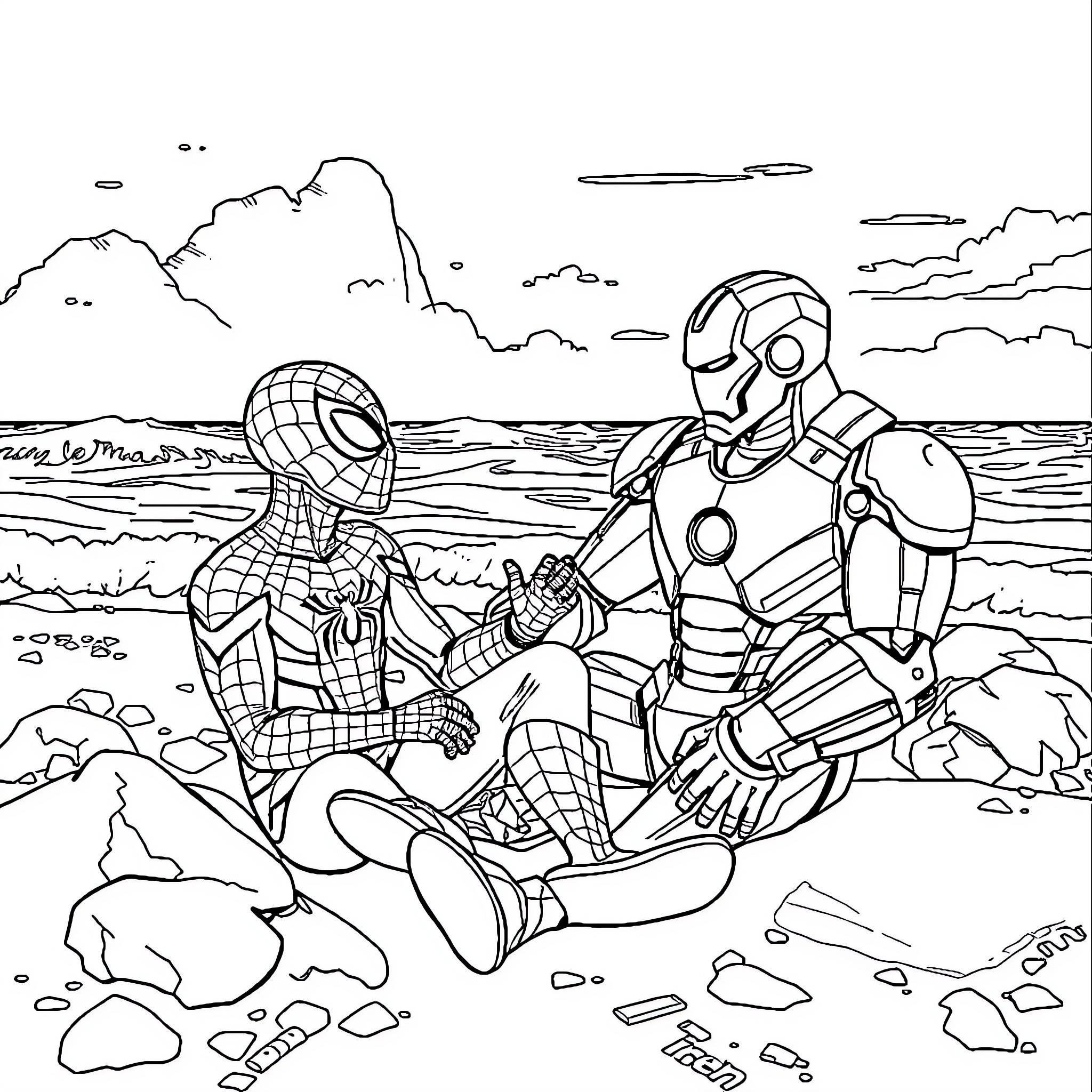Spiderman and Iron Man in an action-packed scene Coloring Page (free black-and-white line drawing printable PDF for all, from beginners to advanced learners, including children, teens, adults, and seniors)