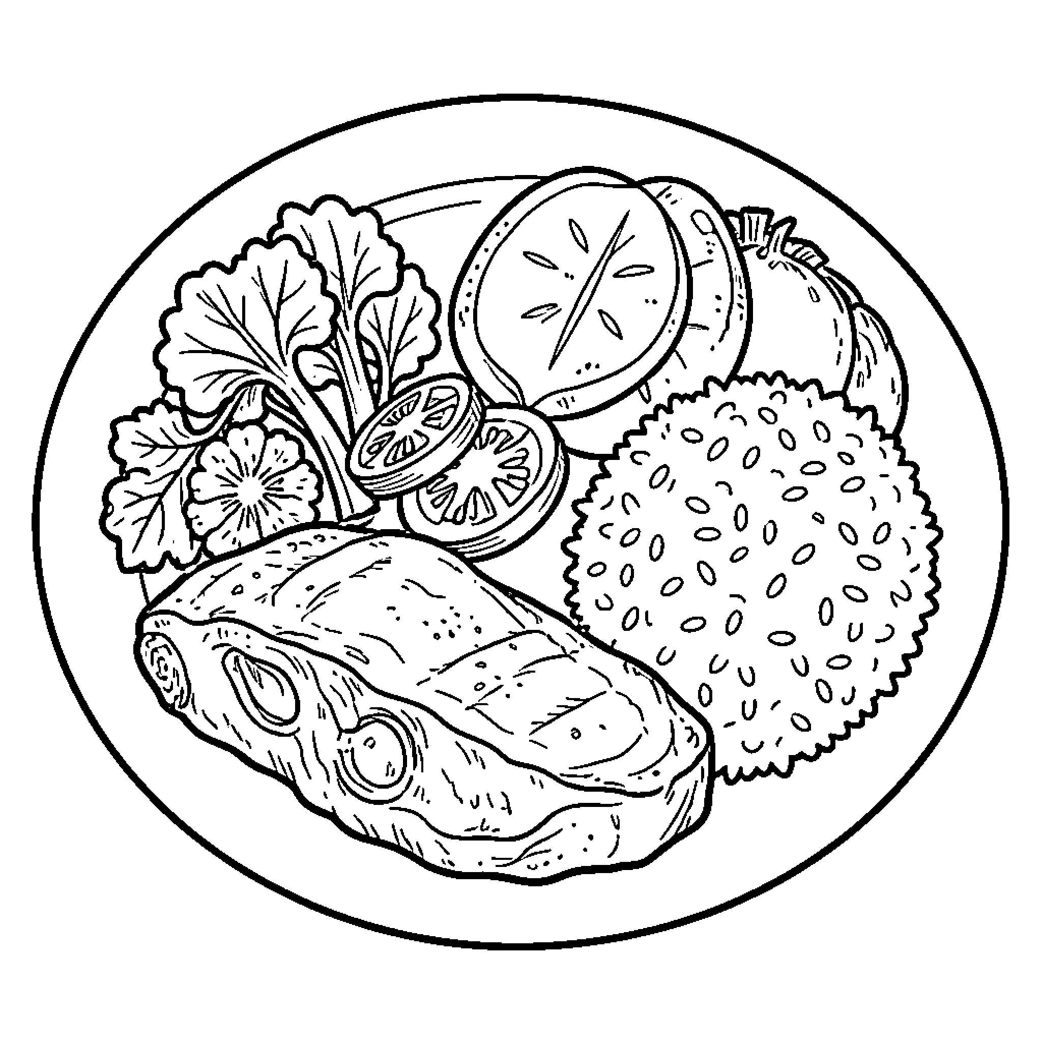 Dinner plate featuring steak, rice, and fresh vegetables Coloring Page (free black-and-white line drawing printable PDF for all, from beginners to advanced learners, including children, teens, adults, and seniors)