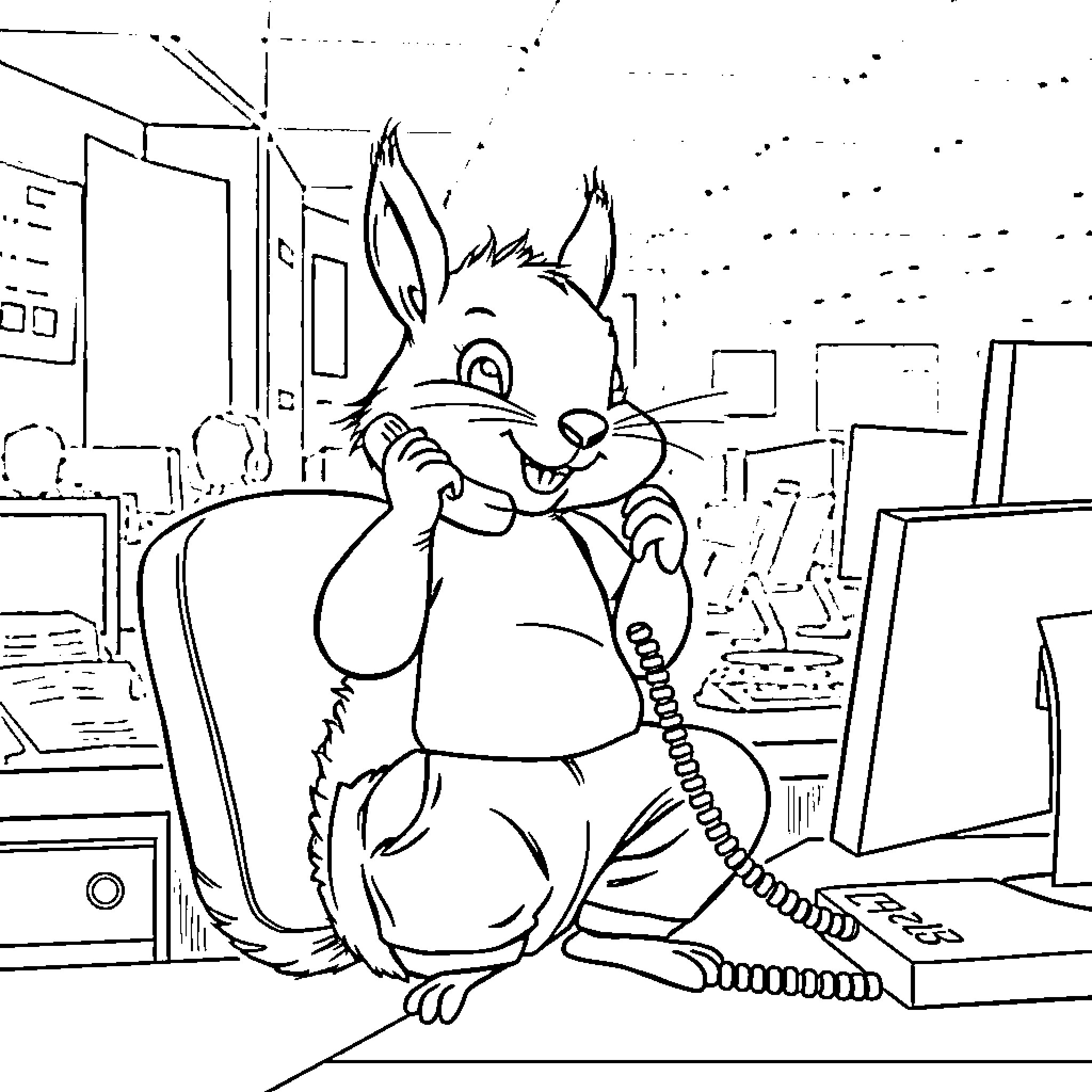Squirrel answering phone in office Coloring Page (free black-and-white line drawing printable PDF for all, from beginners to advanced learners, including children, teens, adults, and seniors)
