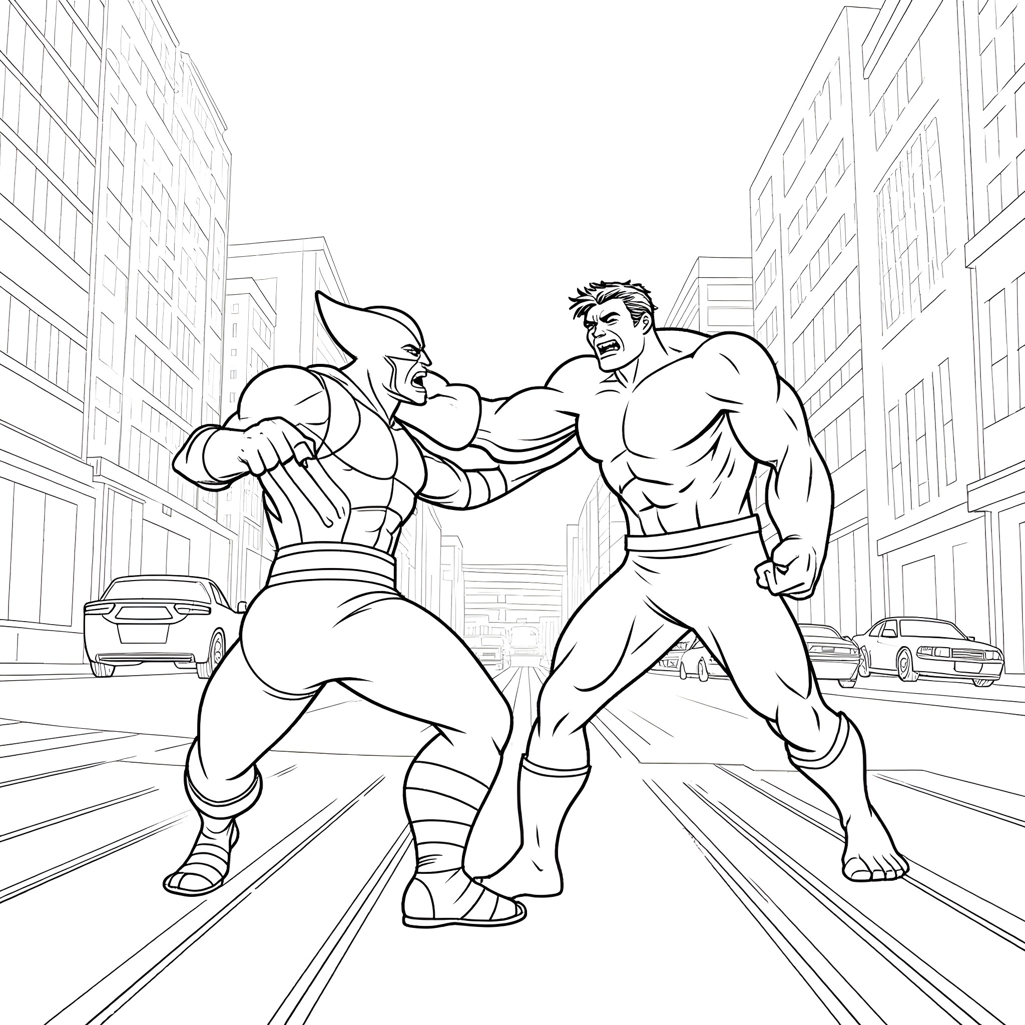 Wolverine and Superhero Fight in City Streets Coloring Page (free black-and-white line drawing printable PDF for all, from beginners to advanced learners, including children, teens, adults, and seniors)