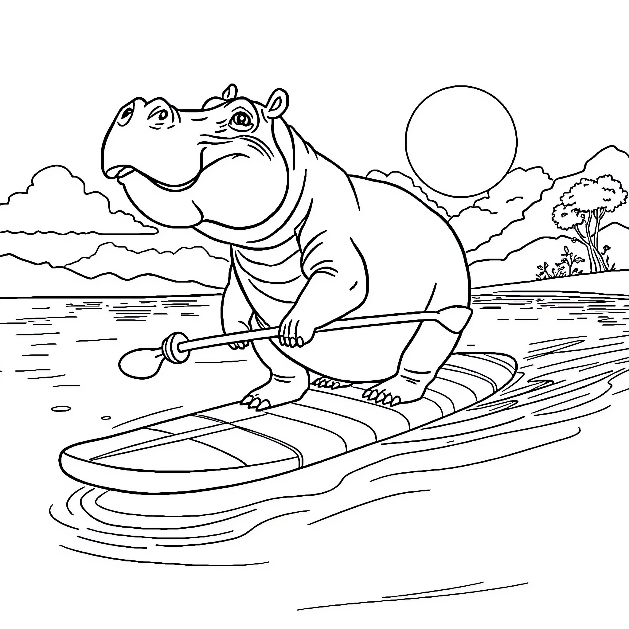Hippopotamus surfing on a board in the water Coloring Page (free black-and-white line drawing printable PDF for all, from beginners to advanced learners, including children, teens, adults, and seniors)