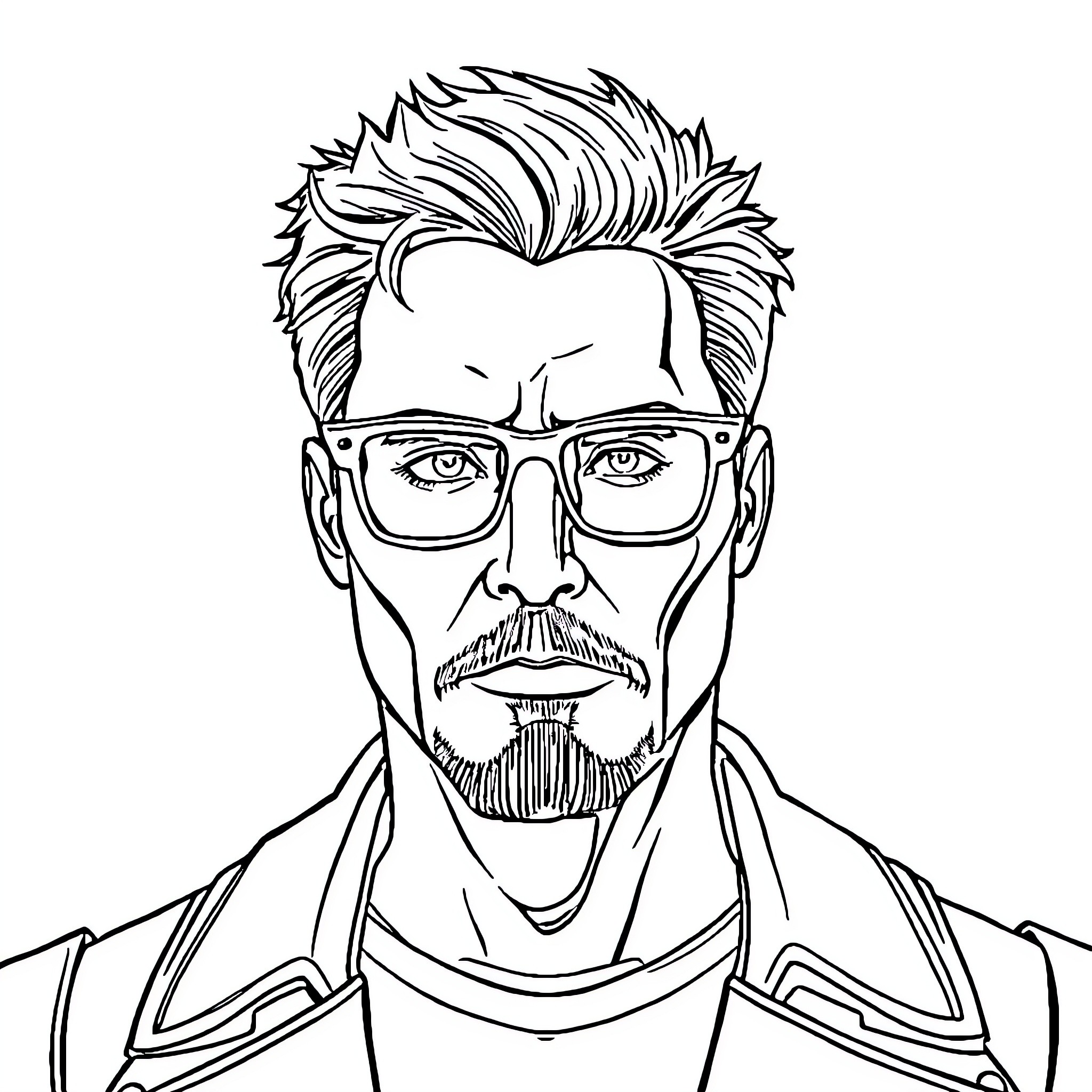 Tony Stark in a thoughtful pose with glasses Coloring Page (free black-and-white line drawing printable PDF for all, from beginners to advanced learners, including children, teens, adults, and seniors)