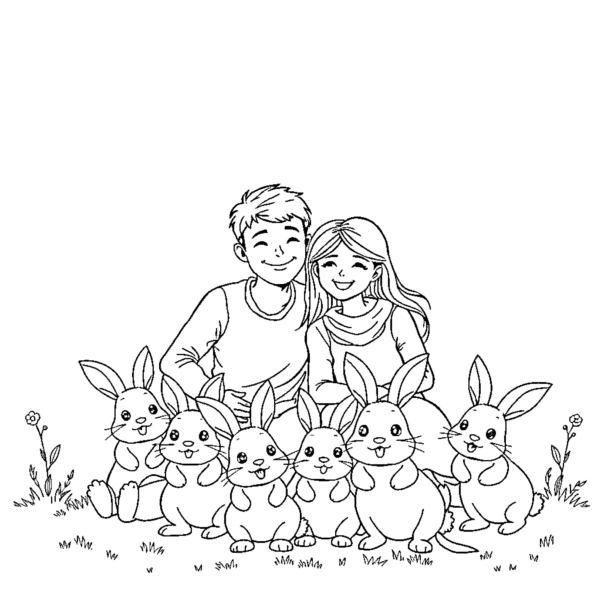 Family Enjoying Playtime with Adorable Bunnies Coloring Page (free black-and-white line drawing printable PDF for all, from beginners to advanced learners, including children, teens, adults, and seniors)