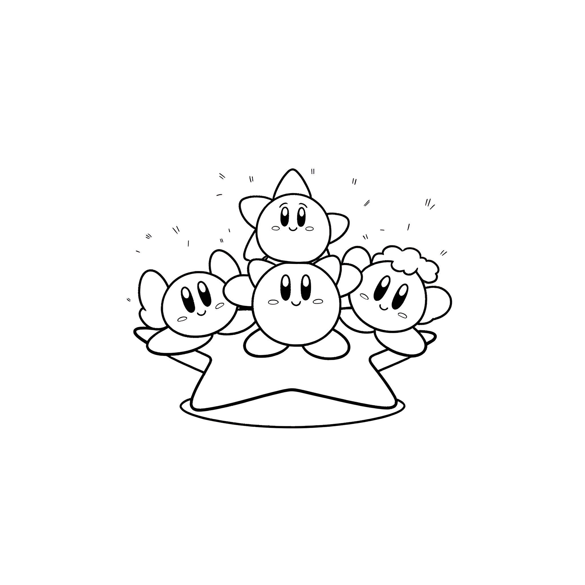 Kirby and friends playing together on a star Coloring Page (free black-and-white line drawing printable PDF for all, from beginners to advanced learners, including children, teens, adults, and seniors)