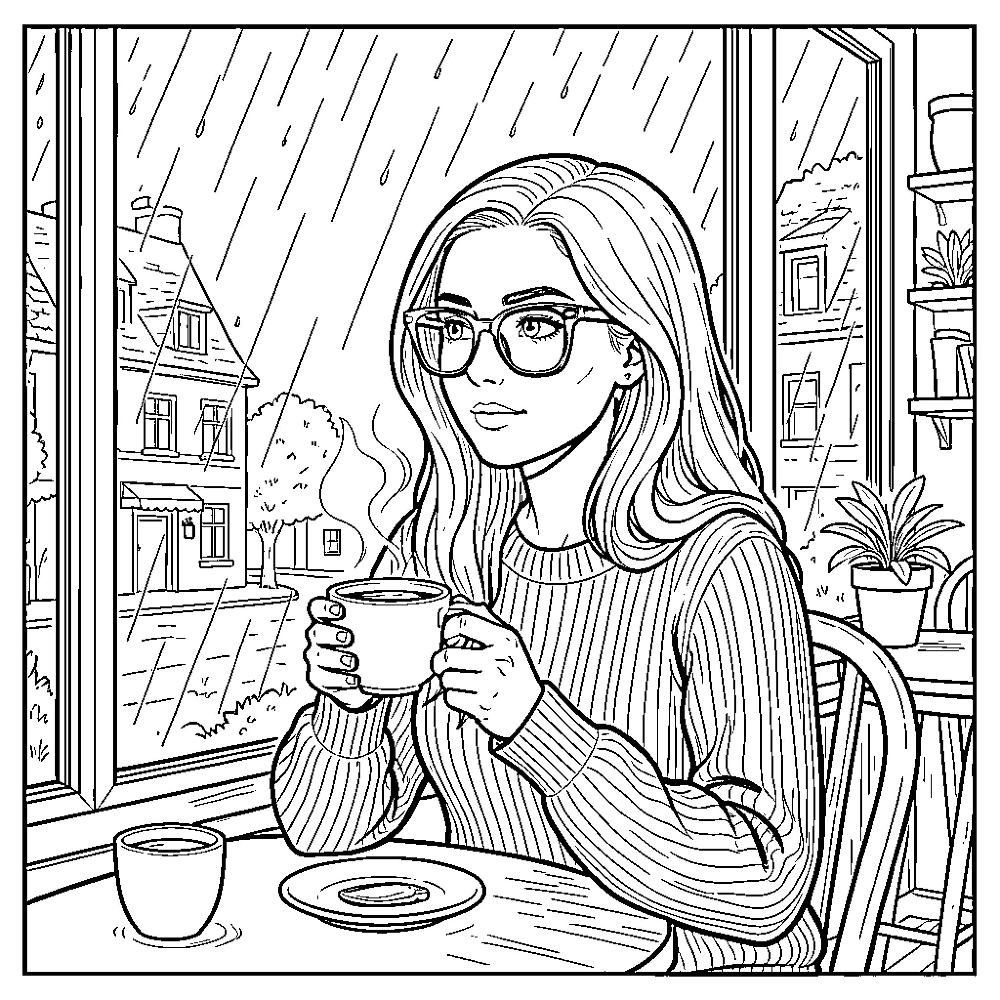 Woman enjoying coffee in cozy cafe on rainy day Coloring Page (free black-and-white line drawing printable PDF for all, from beginners to advanced learners, including children, teens, adults, and seniors)