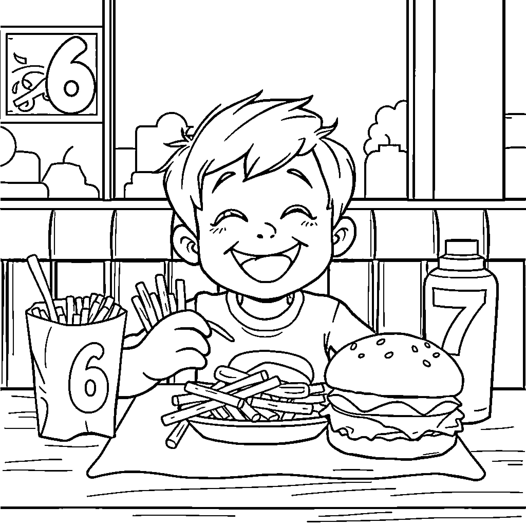Kid enjoying a tasty meal at the diner Coloring Page (free black-and-white line drawing printable PDF for all, from beginners to advanced learners, including children, teens, adults, and seniors)
