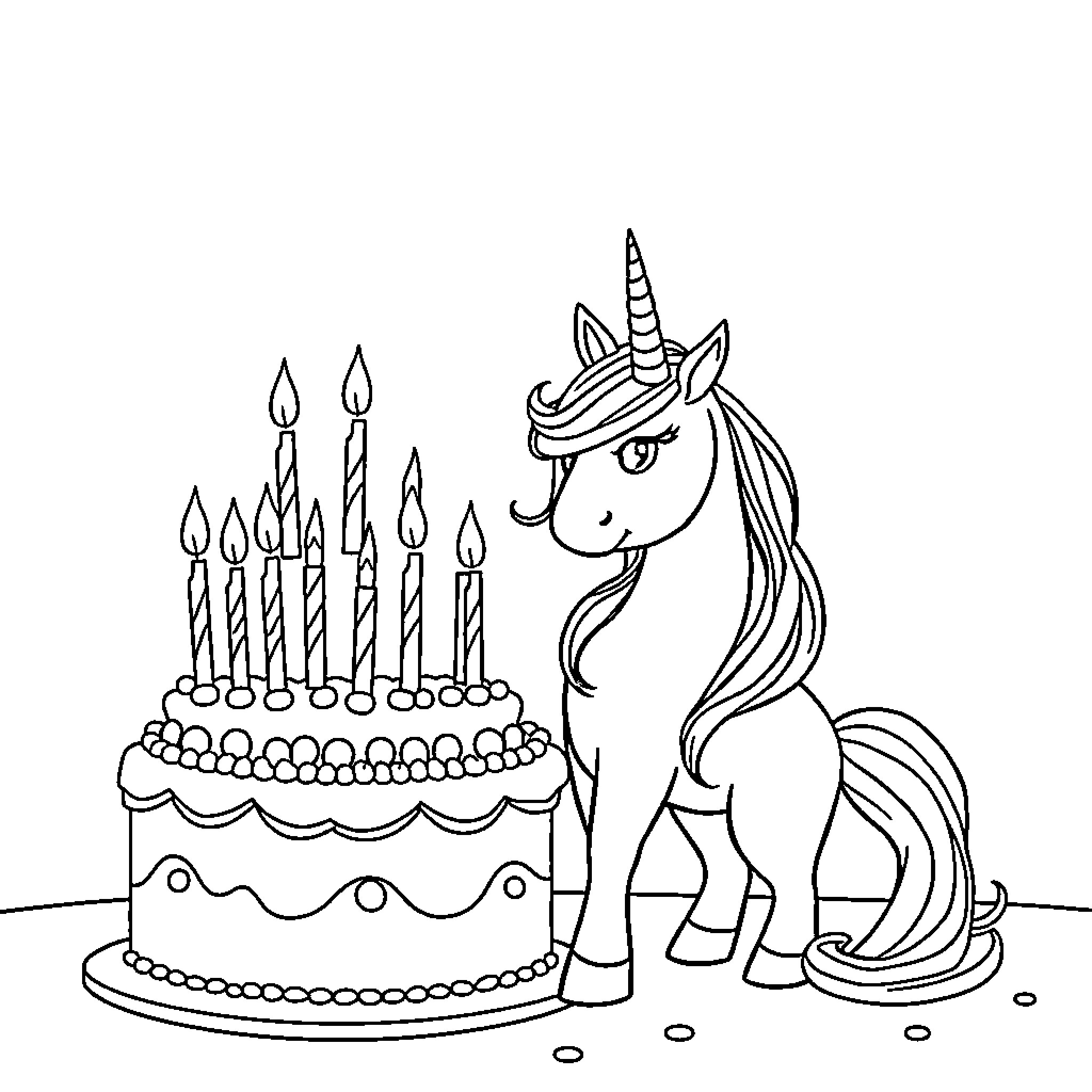 Unicorn celebrating birthday with cake and candles Coloring Page (free black-and-white line drawing printable PDF for all, from beginners to advanced learners, including children, teens, adults, and seniors)