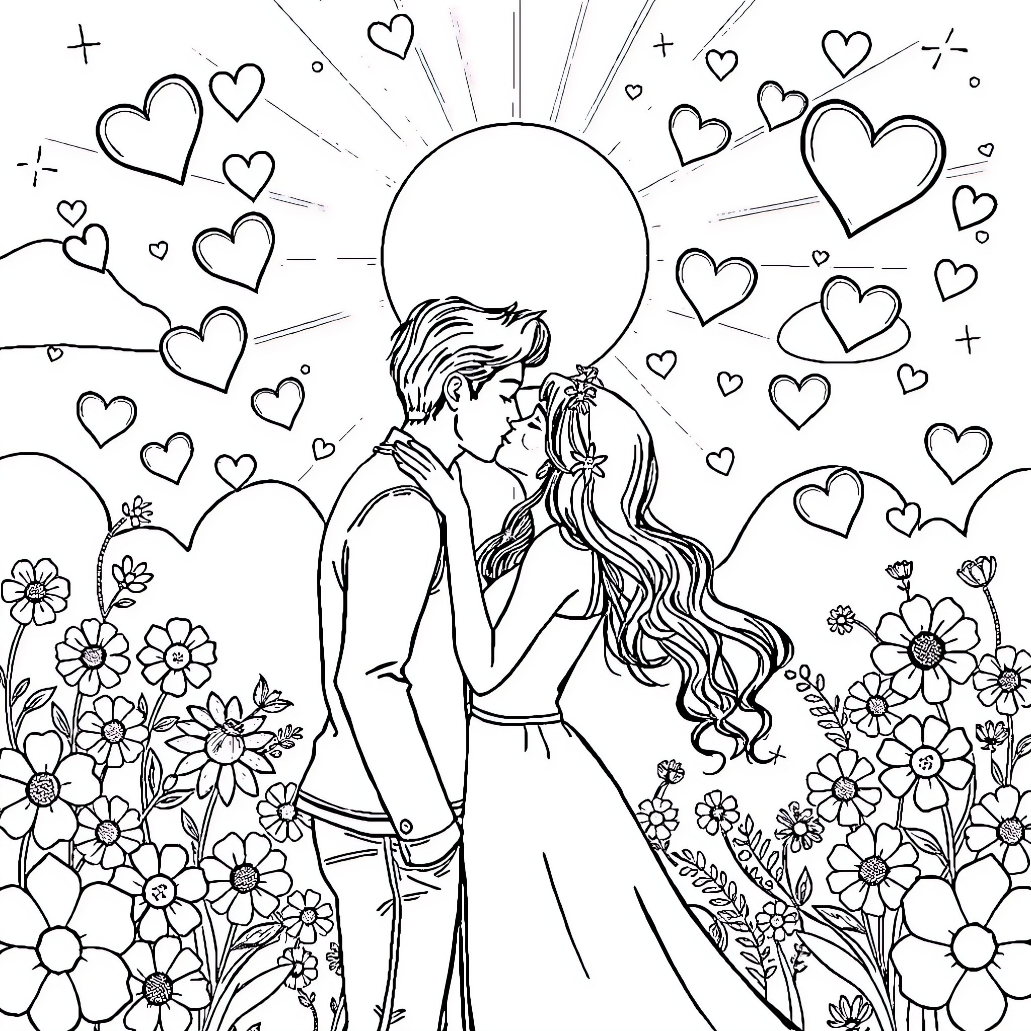 Couple embracing in a field of flowers Coloring Page (free black-and-white line drawing printable PDF for all, from beginners to advanced learners, including children, teens, adults, and seniors)